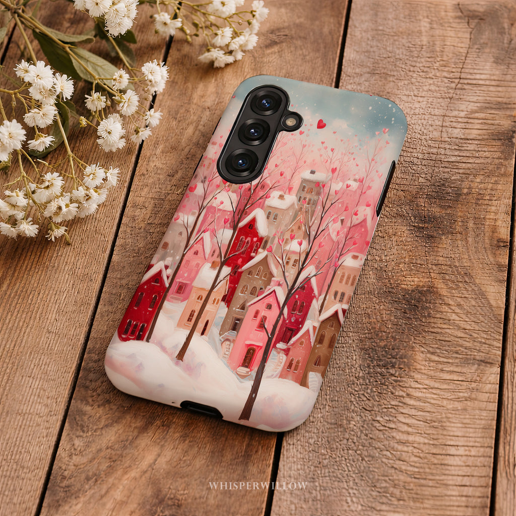 Romantic Winter Village Phone Case | Aesthetic Pink Snow Art | Heart Holiday Design | Compatible with Samsung