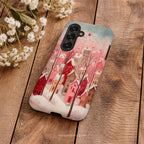 Romantic Winter Village Phone Case | Aesthetic Pink Snow Art | Heart Holiday Design | Compatible with Samsung