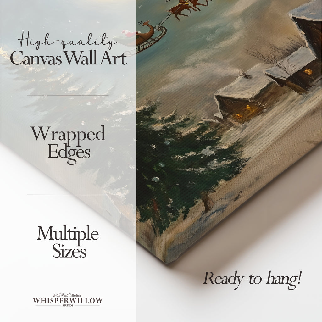 Weihnachtsdorf-Leinwandbild – Weihnachtsmannschlitten über mondbeschienener Szene, zauberhafte Rentiernacht