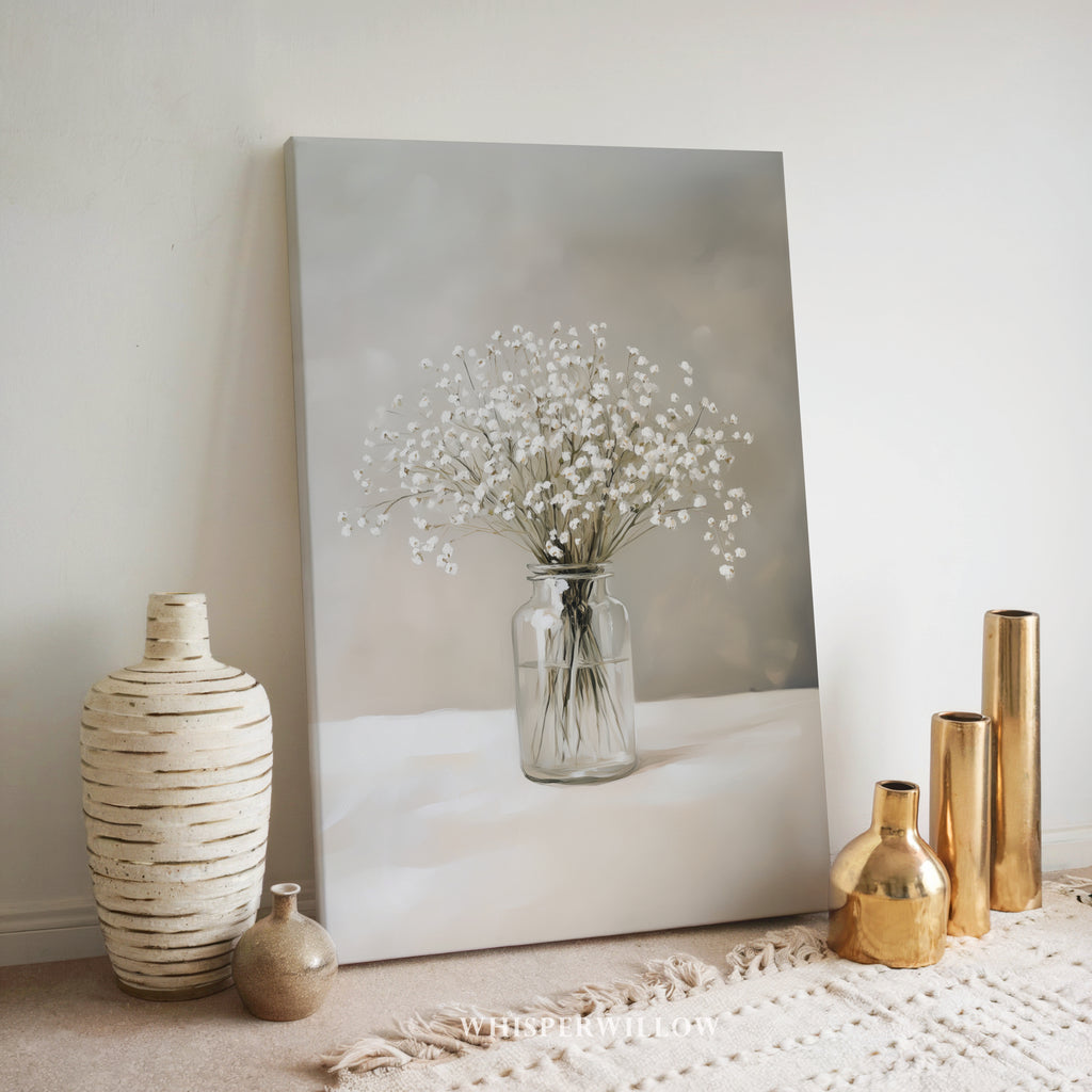 Leinwandbild mit Schleierkraut-Motiv | Neutraler Blumendruck | Beruhigende grau-weiße Dekoration