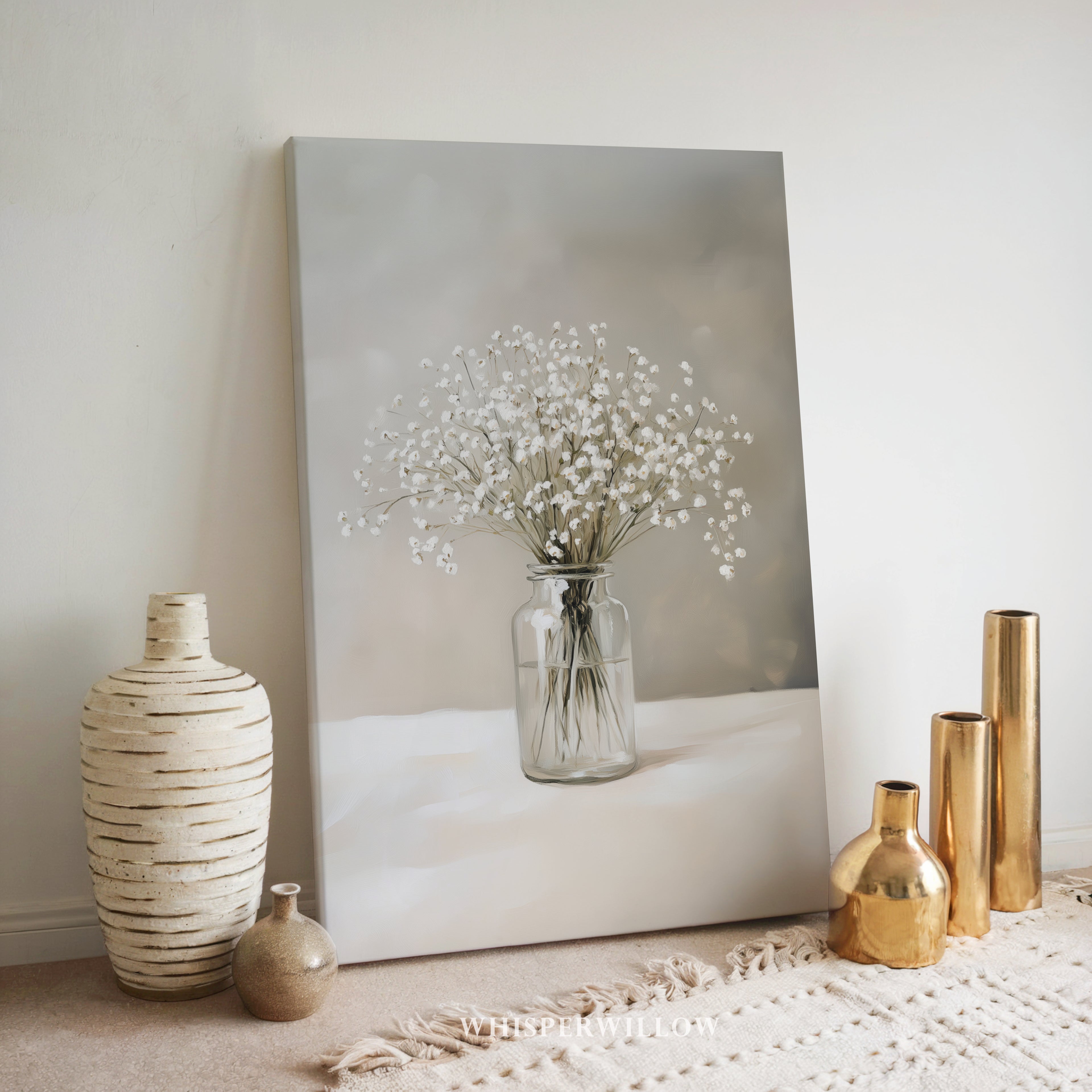 Leinwandbild mit Schleierkraut-Motiv | Neutraler Blumendruck | Beruhigende grau-weiße Dekoration