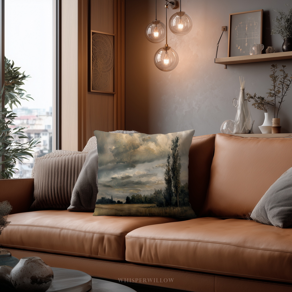 Dekokissen „Stimmungsvolles Landhaus“ – Gewitterlandschaft mit Feld und Baum