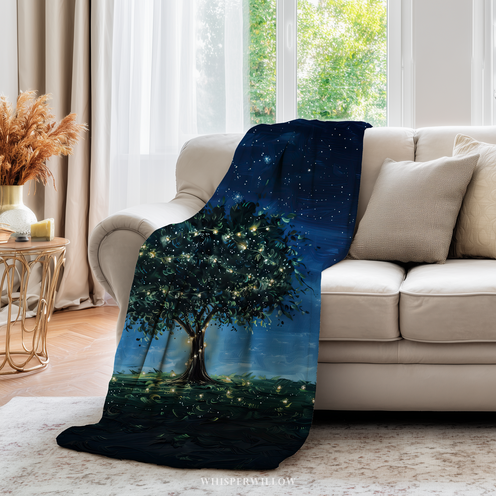 Starry Night Throw Blanket - Glowing Firefly Tree Celestial Sky Gift