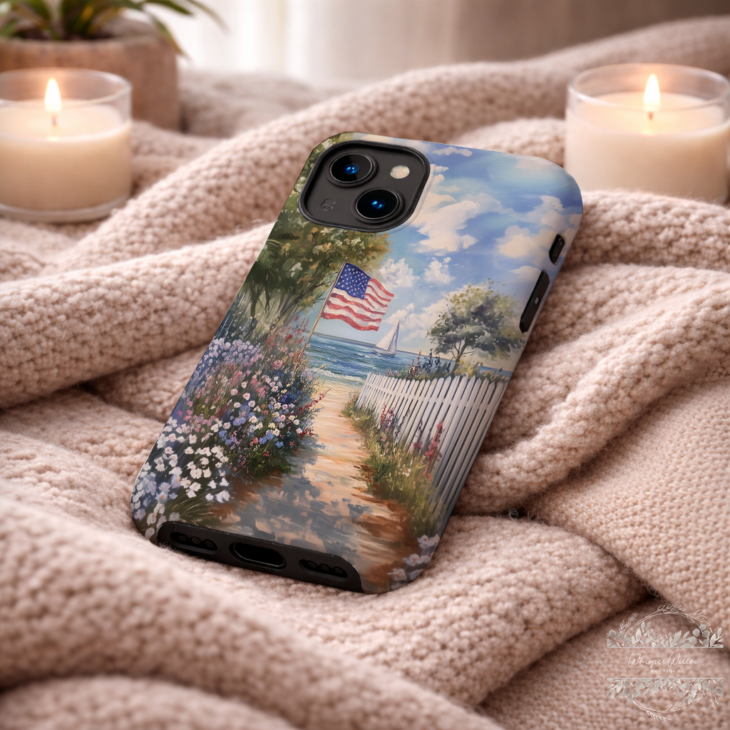 Coastal Art Phone Case | Compatible with iPhone Models | USA Flag Beach Sailboat Ocean Colorful Aesthetic