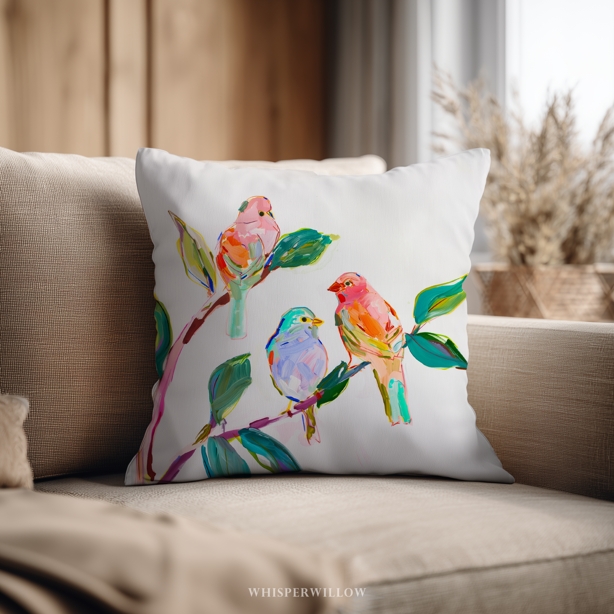 Colorful Bird Throw Pillow and Case - Abstract Botanical Branch Cushion Modern Nature Decor Gift