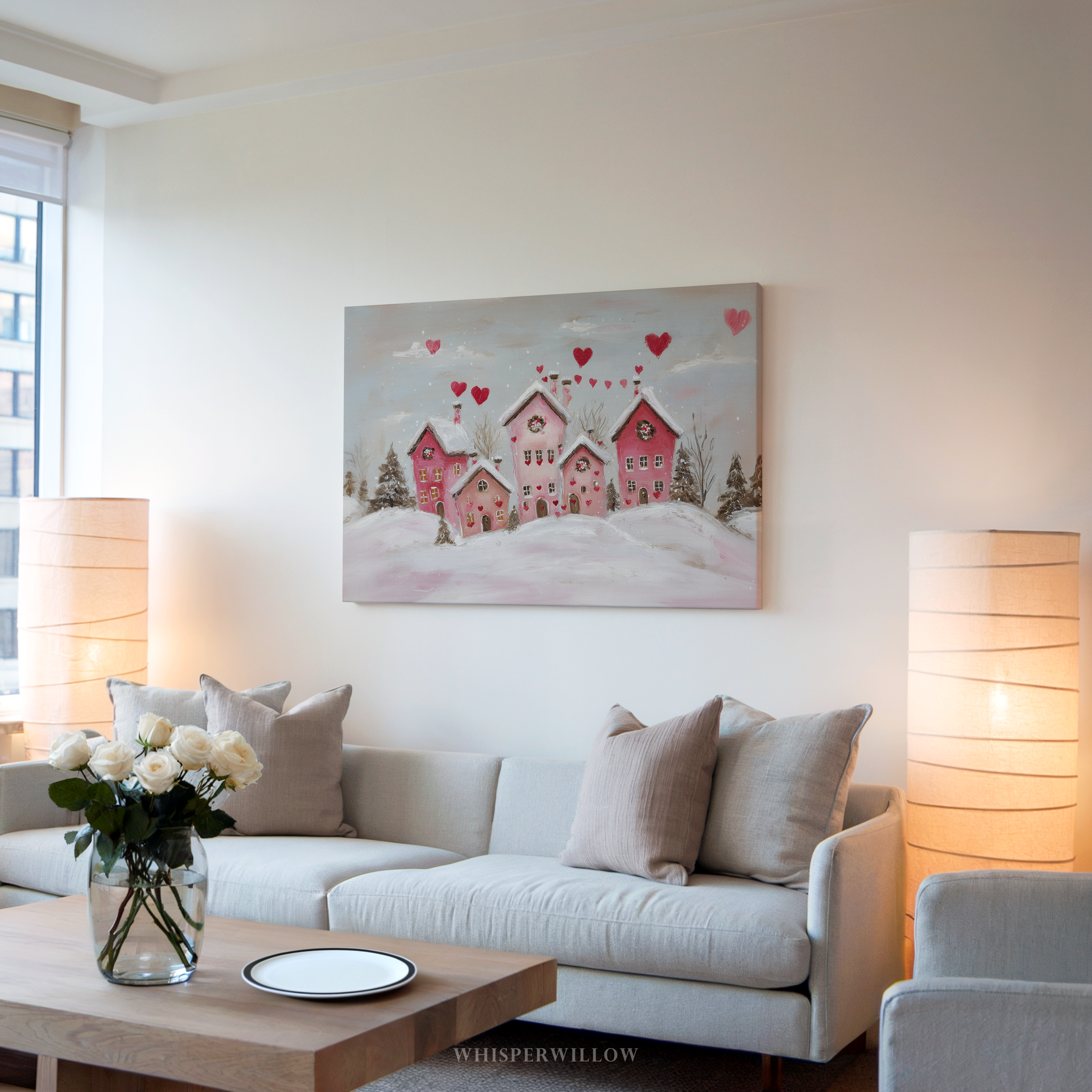 Verspieltes rosa Winterdorf auf Leinwand | Romantisches Herzmotiv mit verschneiten Häusern | Wandbild zum Valentinstag