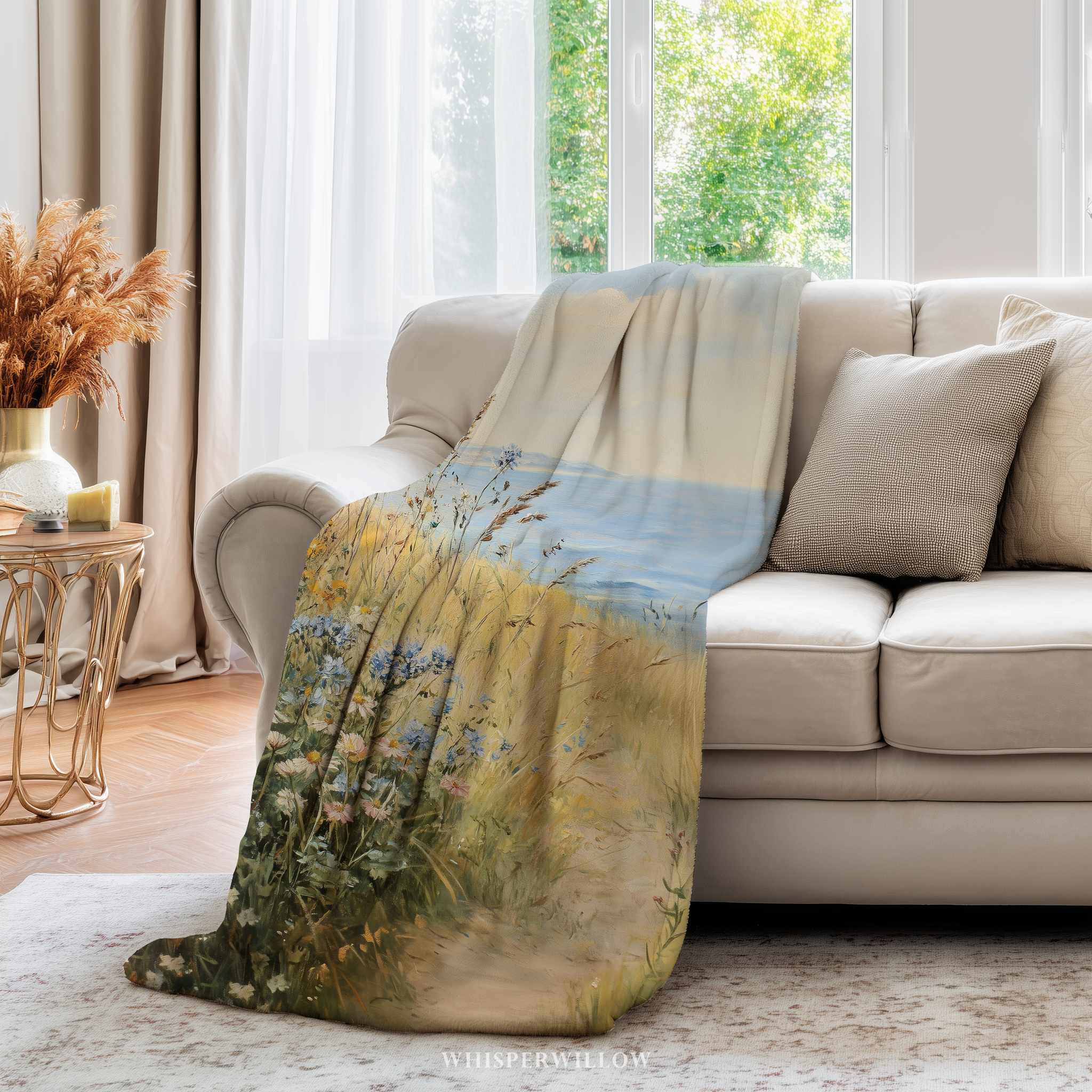 Coastal Wildflower Path Throw Blanket - Ocean Meadow Landscape by WhisperWillow Studios Home Decor Gift