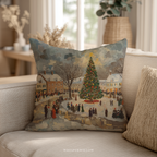 Holiday Throw Pillow - Winter Village Christmas Tree Cushion Cover and Insert by WhisperWillow Studios Home Decor Gift