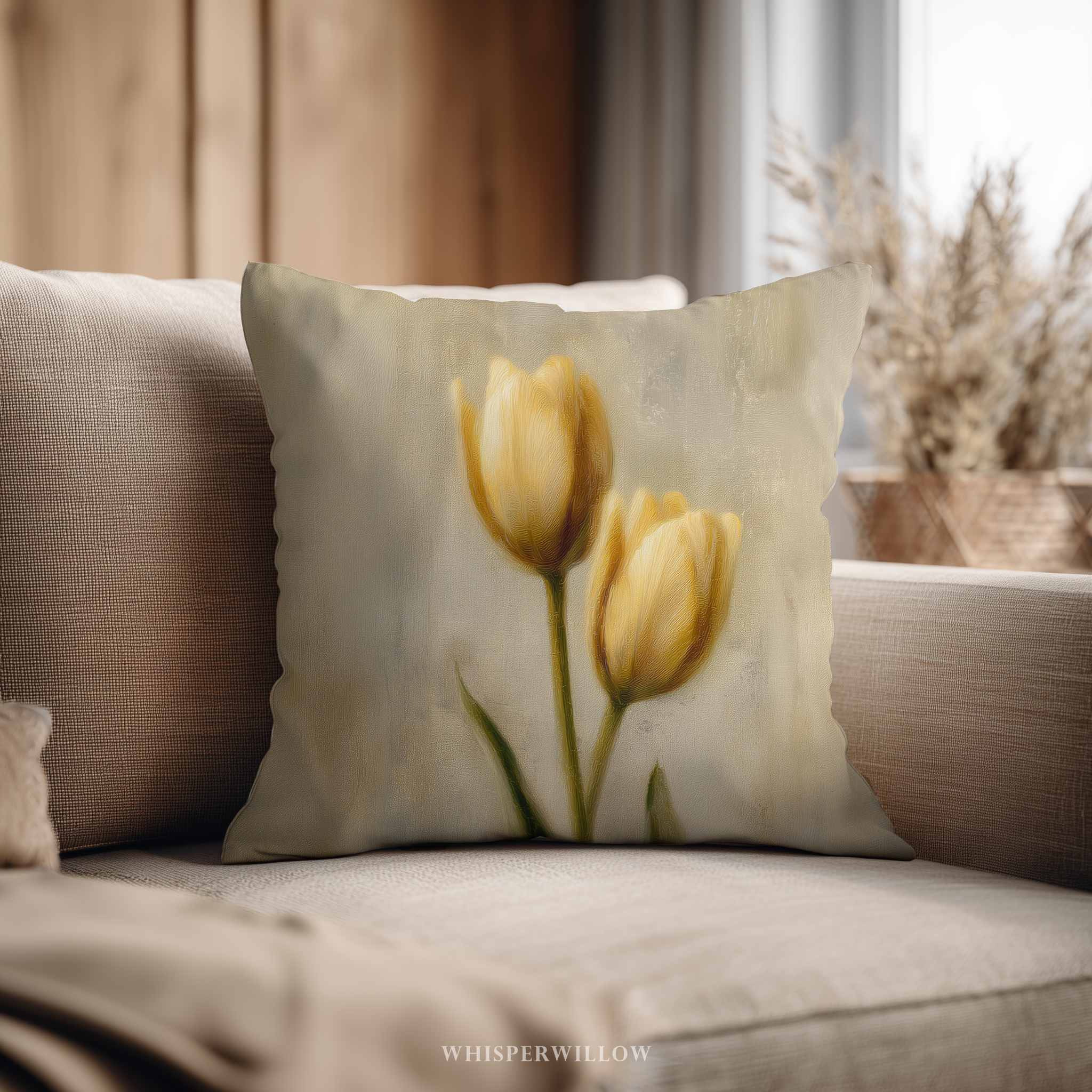Muted Yellow Tulips Throw Pillow | Vintage Floral Botanical Cushion | Farmhouse Cottage Spring Decor | Square & Lumbar Sizes