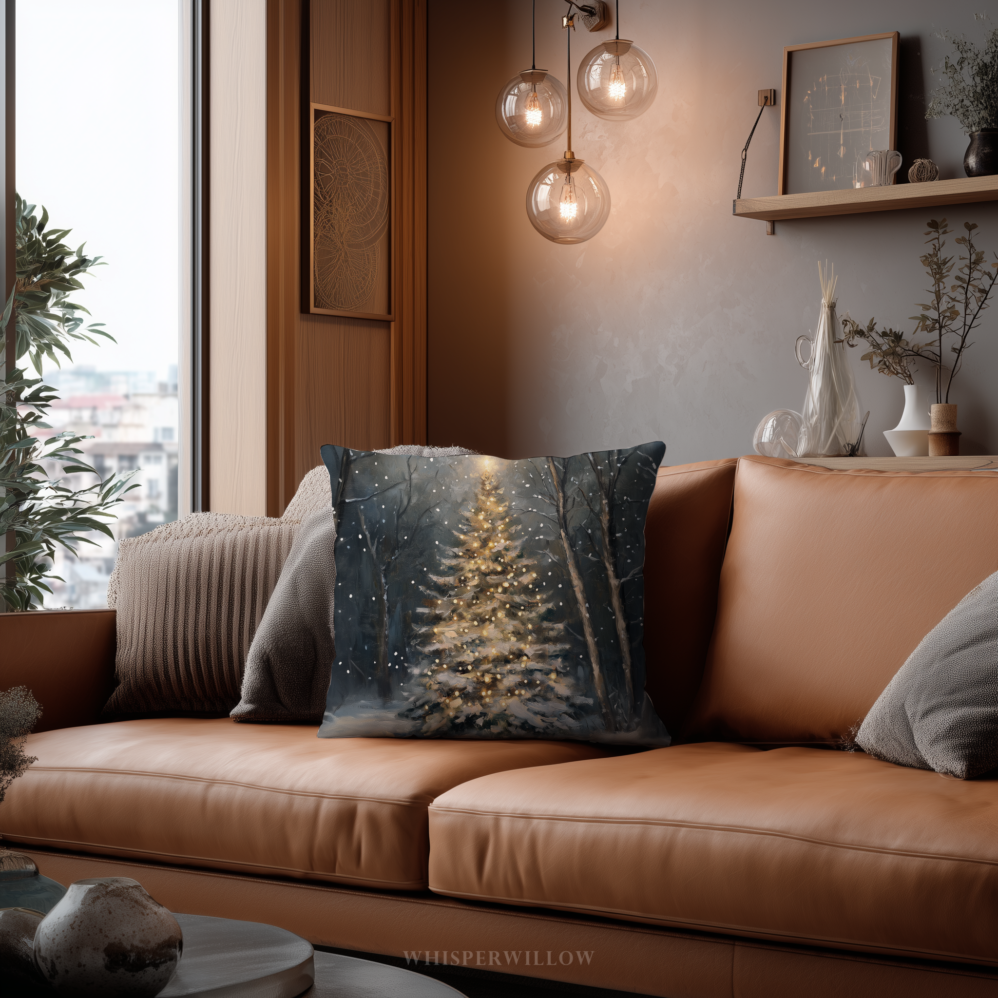 Zauberhaftes Weihnachtsbaum-Dekokissen | Winterliche Schneewaldszene | Festliches Weihnachtsdeko-Kissen