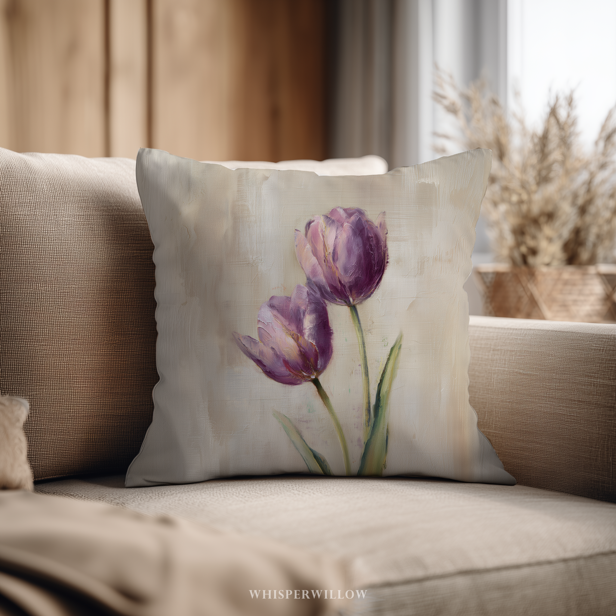 Muted Purple Tulips Throw Pillow | Botanical Floral Cushion | Neutral Beige Vintage Garden Decor | Minimalist Spring Accent
