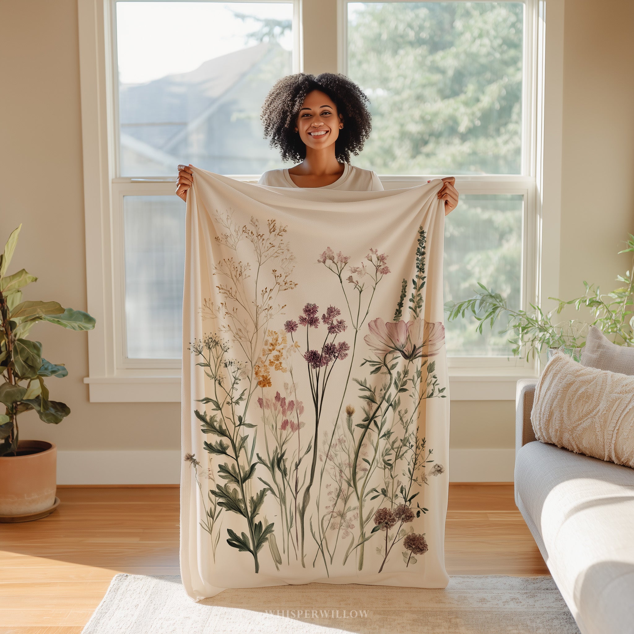 Wildflower Botanical Plush Throw Blanket | Vintage Meadow Floral Cottagecore | Neutral Garden Decor Gift Home Decor by WhisperWillow Studios