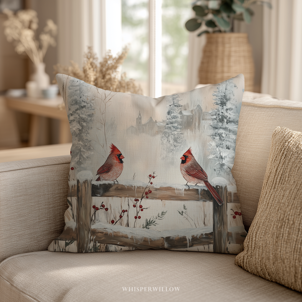Winter Cardinals Throw Pillow - Rustic Christmas Snowy Farmhouse Cushion Cover and Insert by WhisperWillow Studios Home Decor Gift