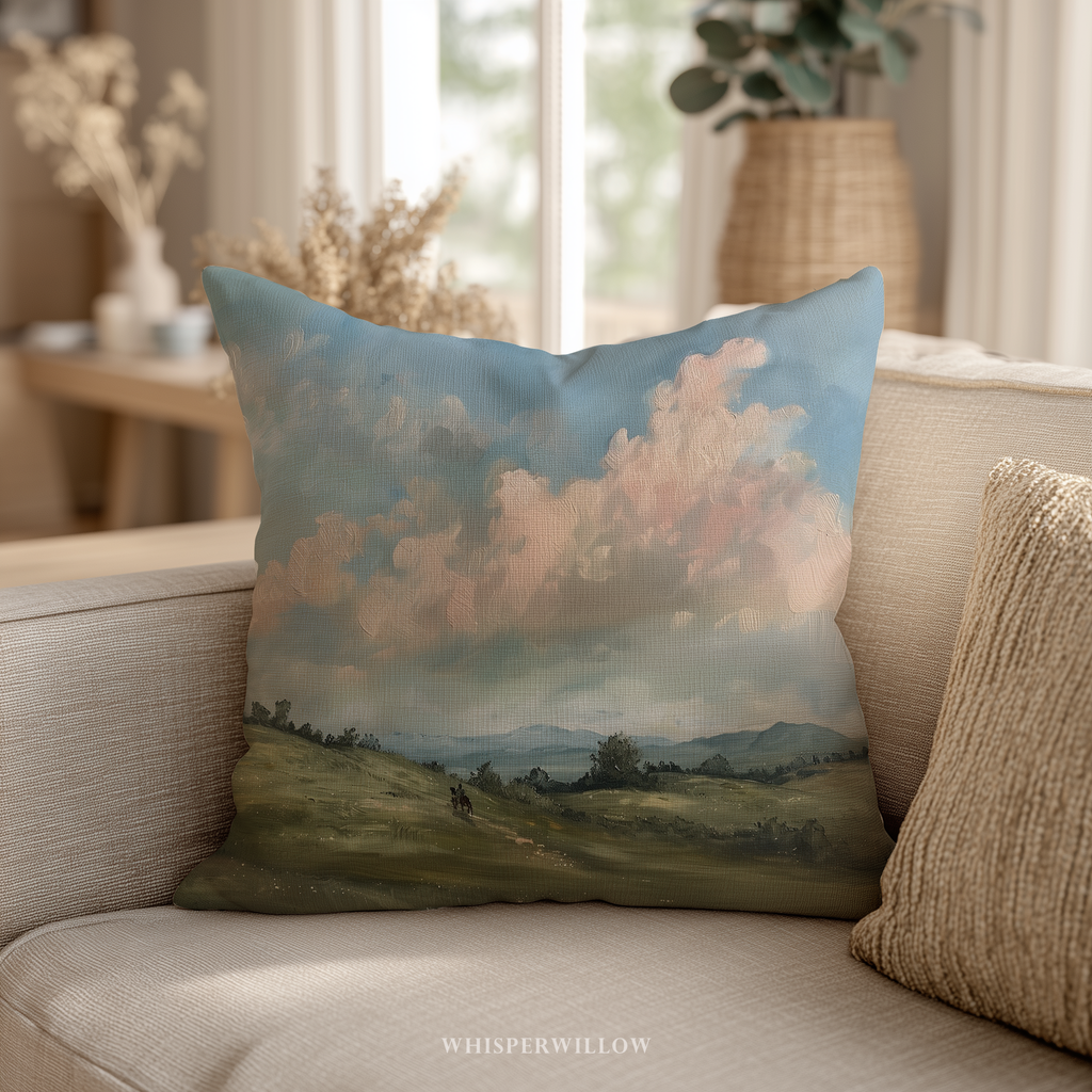 Dekokissen „Landschaftspferdewiese“ – Pastellfarbenes Wolkenlandschaftskissen