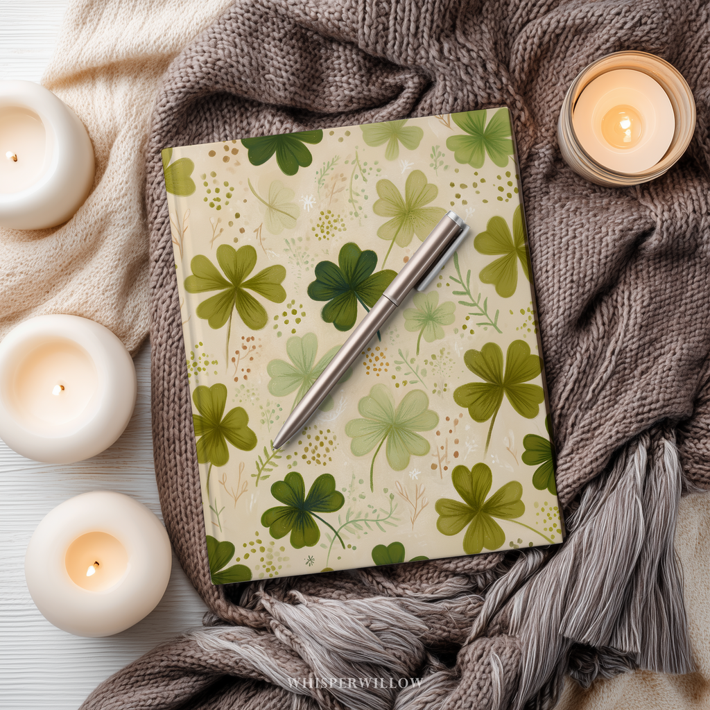 St Patrick Shamrock Hardcover Journal, Floral Clover Premium Notebook, Green Botanical Design, 8x5.75 Lined Pages Gift by WhisperWillow Studios Home Decor