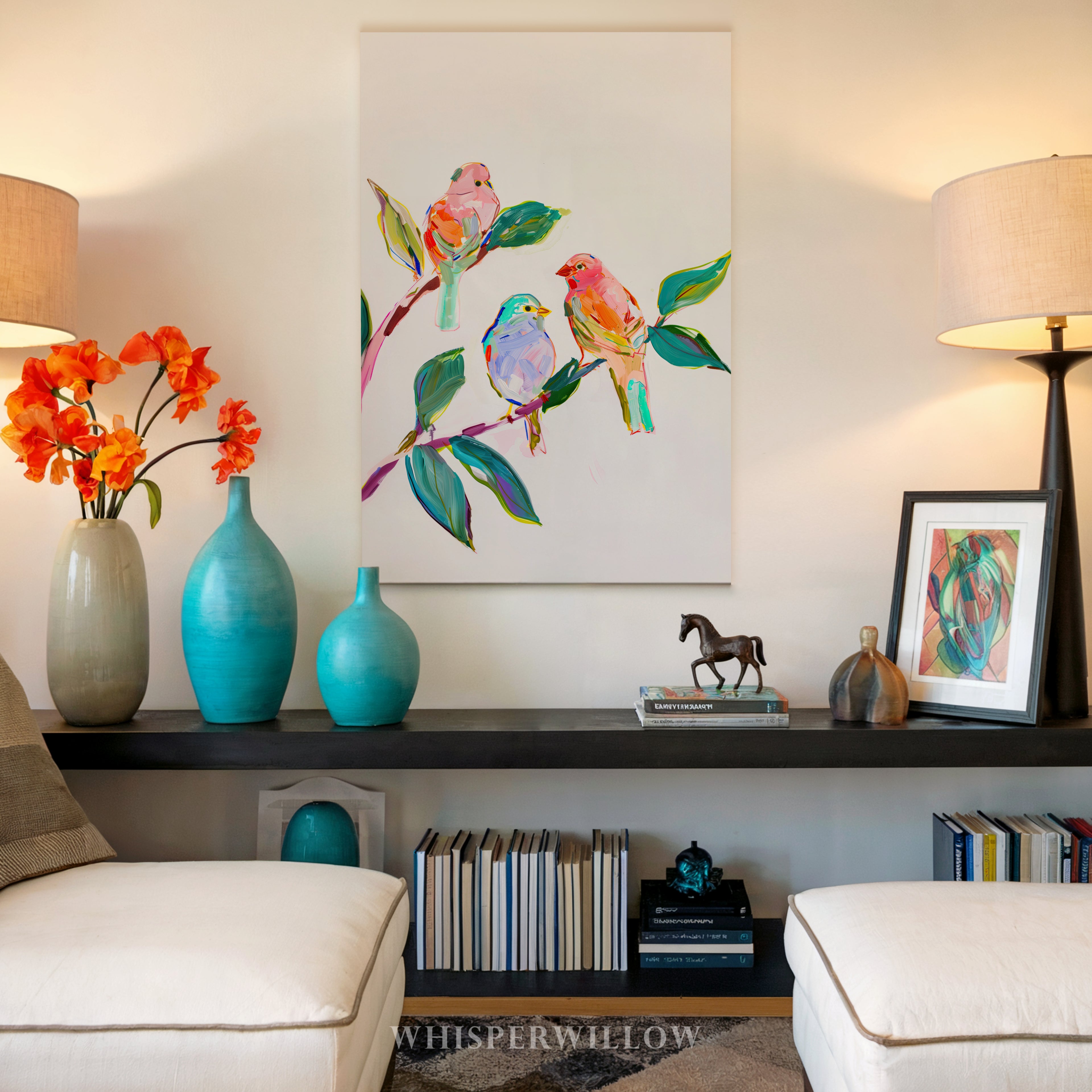 Leinwandbild mit Wildvögeln | Farbenfrohe Singvögel auf einem Ast | Lebendiges Naturdeko-Geschenk