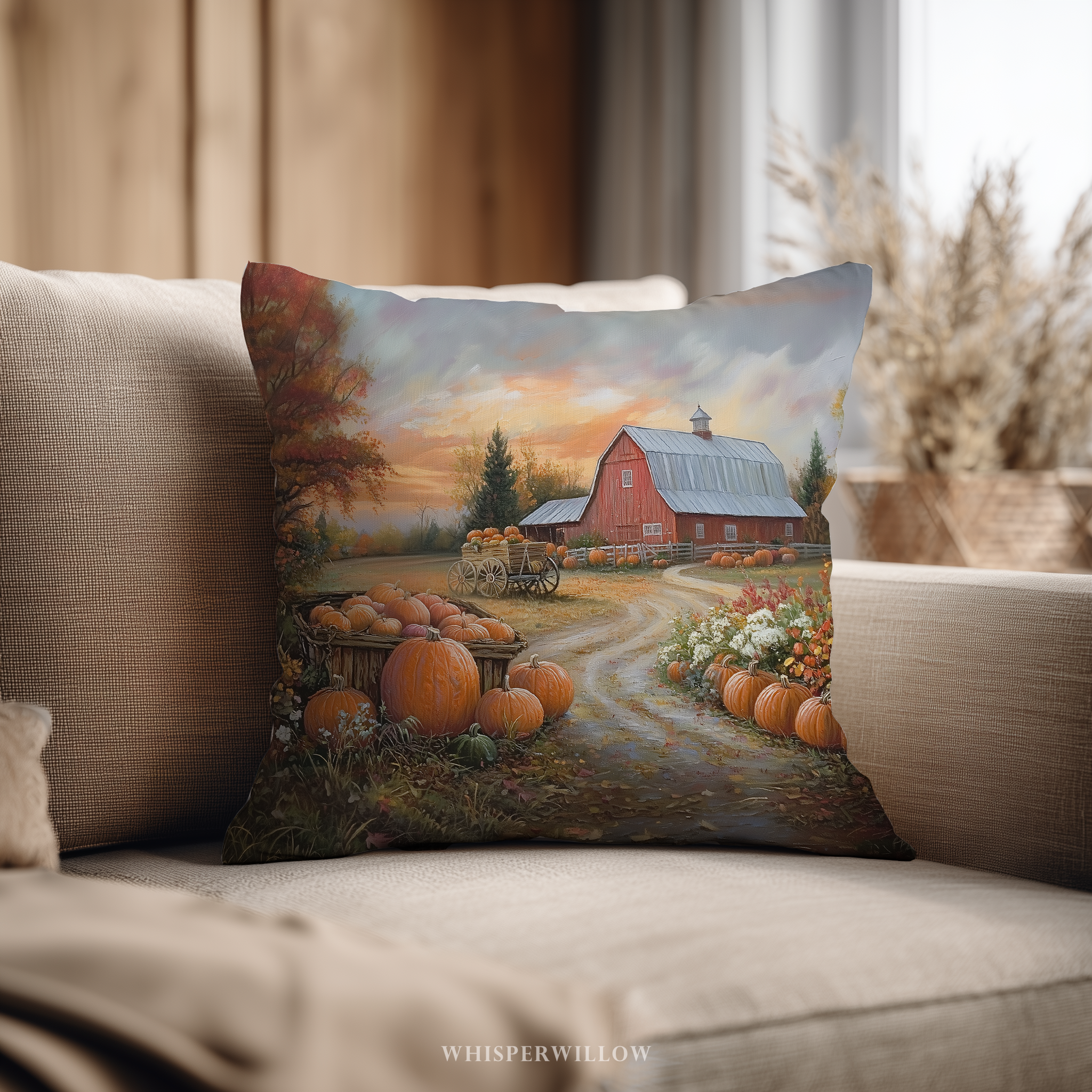 Autumn Pumpkin Farm Throw Pillow and Case - Red Barn Fall Harvest Landscape Country Decor Gift