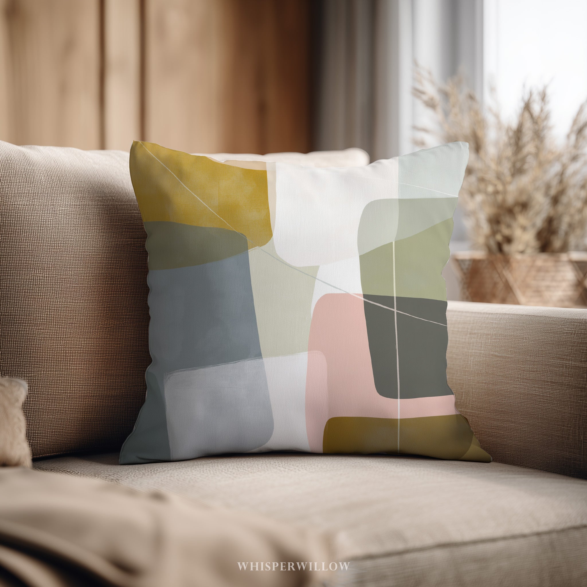 Abstract Geometric Throw Pillow | Modern Minimalist Neutral Blush | Blue Gold Lumbar Accent Cushion | Contemporary Home Decor Gift