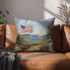 Patriotic American Flag Throw Pillow, Seaside Sailboat Wildflower Design, Independence Day Cushion, 4th of July Home Decor by WhisperWillow Studios Gift