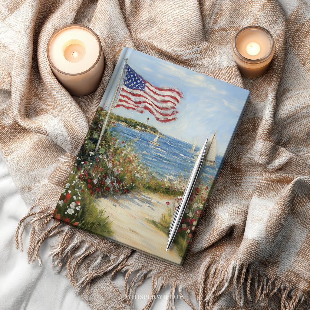 Coastal American Flag Hardcover Journal, Sailboat Wildflower Design, Independence Day Notebook, 8x5.75 Lined Pages Gift