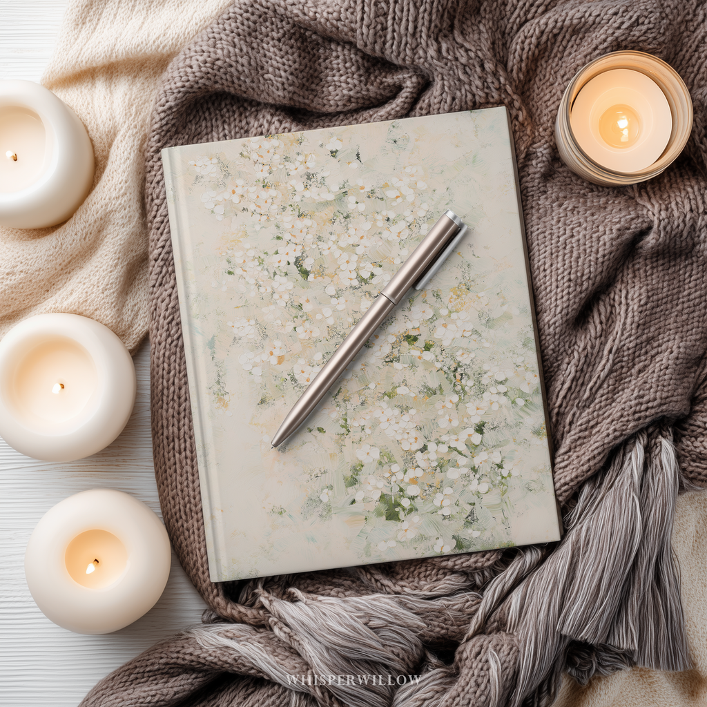 White Floral Abstract Hardcover Journal - Sage Green Cream Botanical Neutral Writer Notebook Gift
