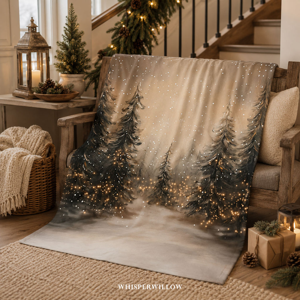 Snowy Pine Forest Throw Blanket - Winter Wonderland Lights Gift
