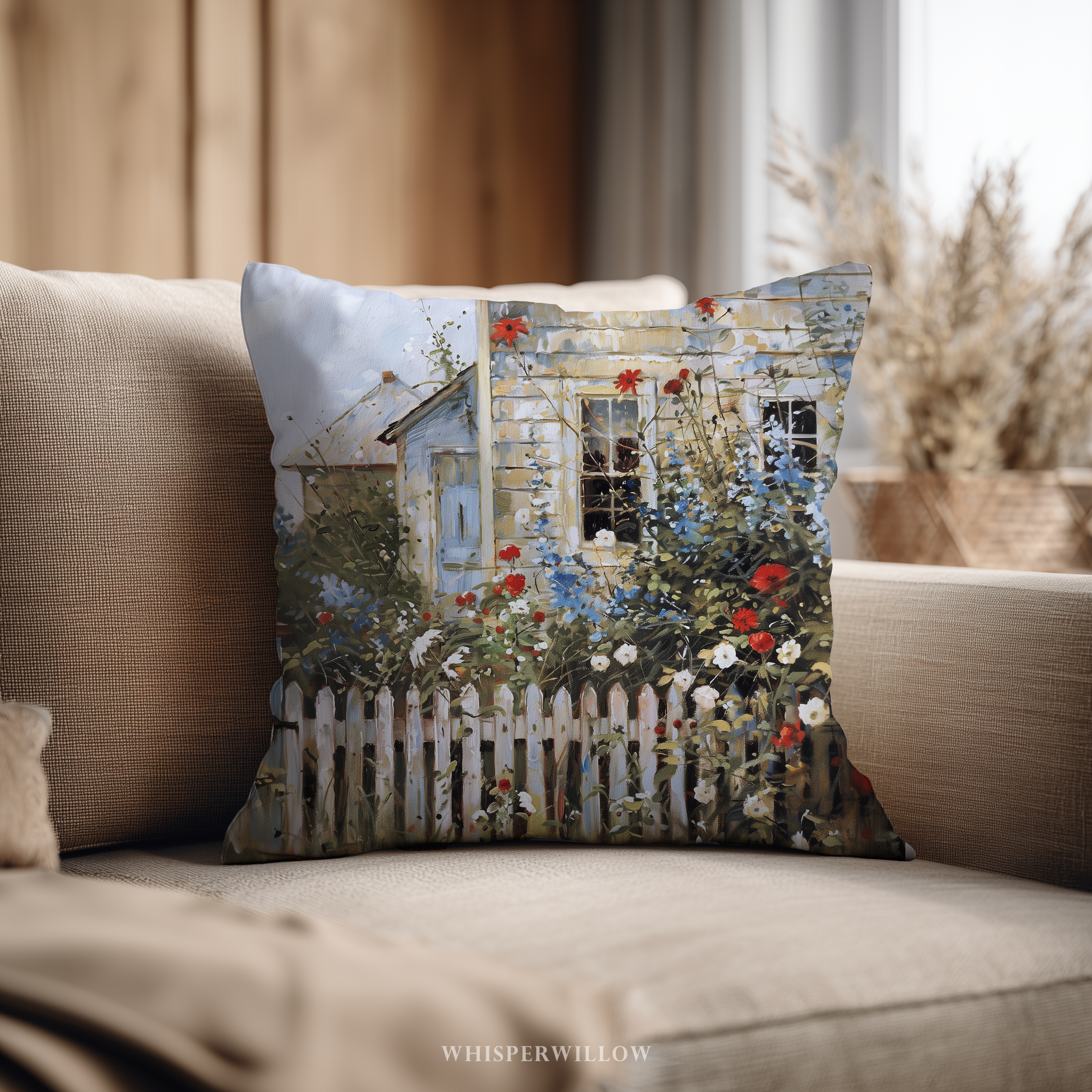 Cottage Garden Throw Pillow and Case - Country Floral Farmhouse Decor, Red Blue Patriotic Wildflowers, Spring Summer Accent Cushion Gift