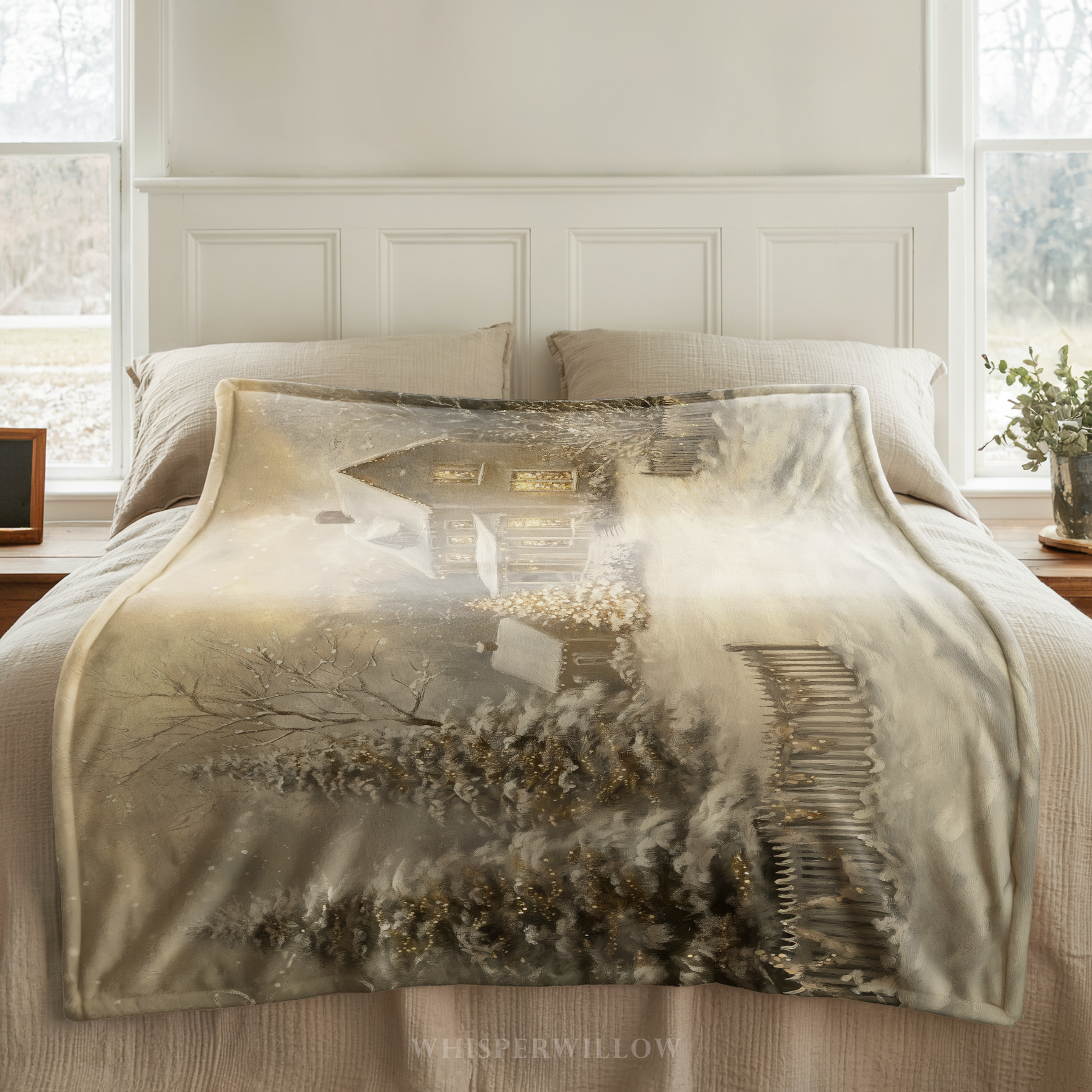 Enchanted Winter Cottage Throw Blanket - Christmas Lights Snowy Forest Gift