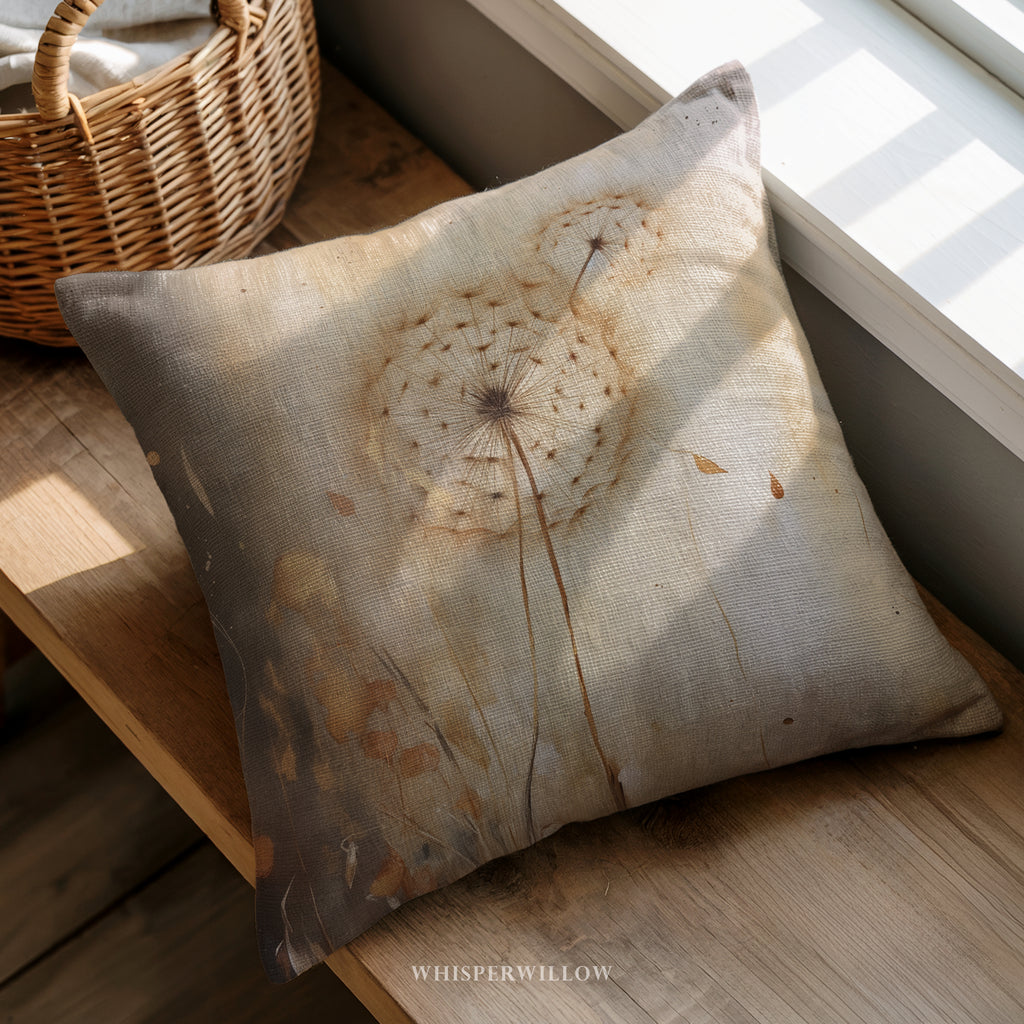 Neutral Dandelion Throw Pillow - Moody Floral Nature Cushion by WhisperWillow Studios Home Decor Gift