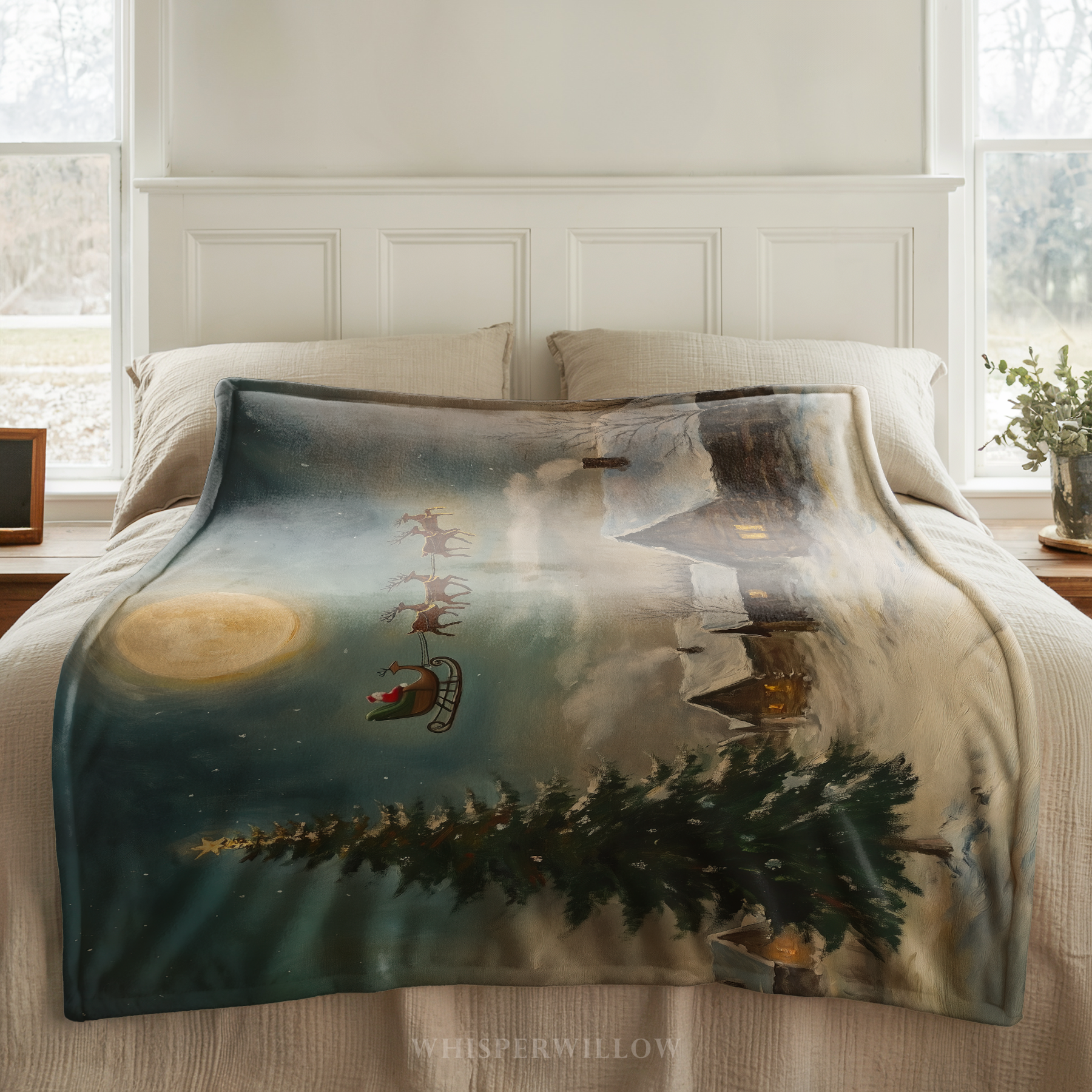 Christmas Santa Sleigh Throw Blanket - Reindeer Moonlit Village Gift