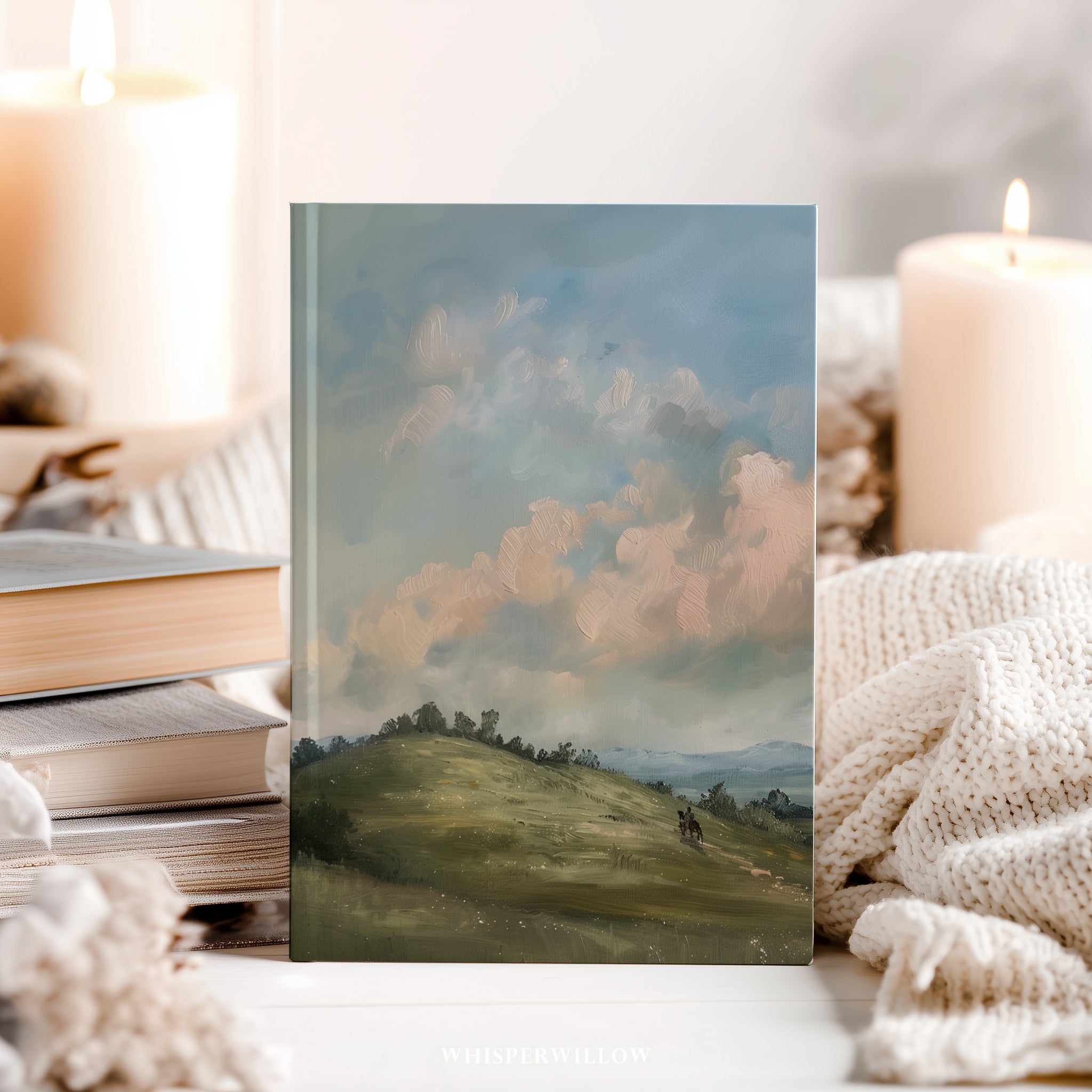 Notizbuch mit Hardcover „Hügelige Hügel und Pferde“ – Wolkenlandschaft, malerische Himmelwiese – Geschenkidee