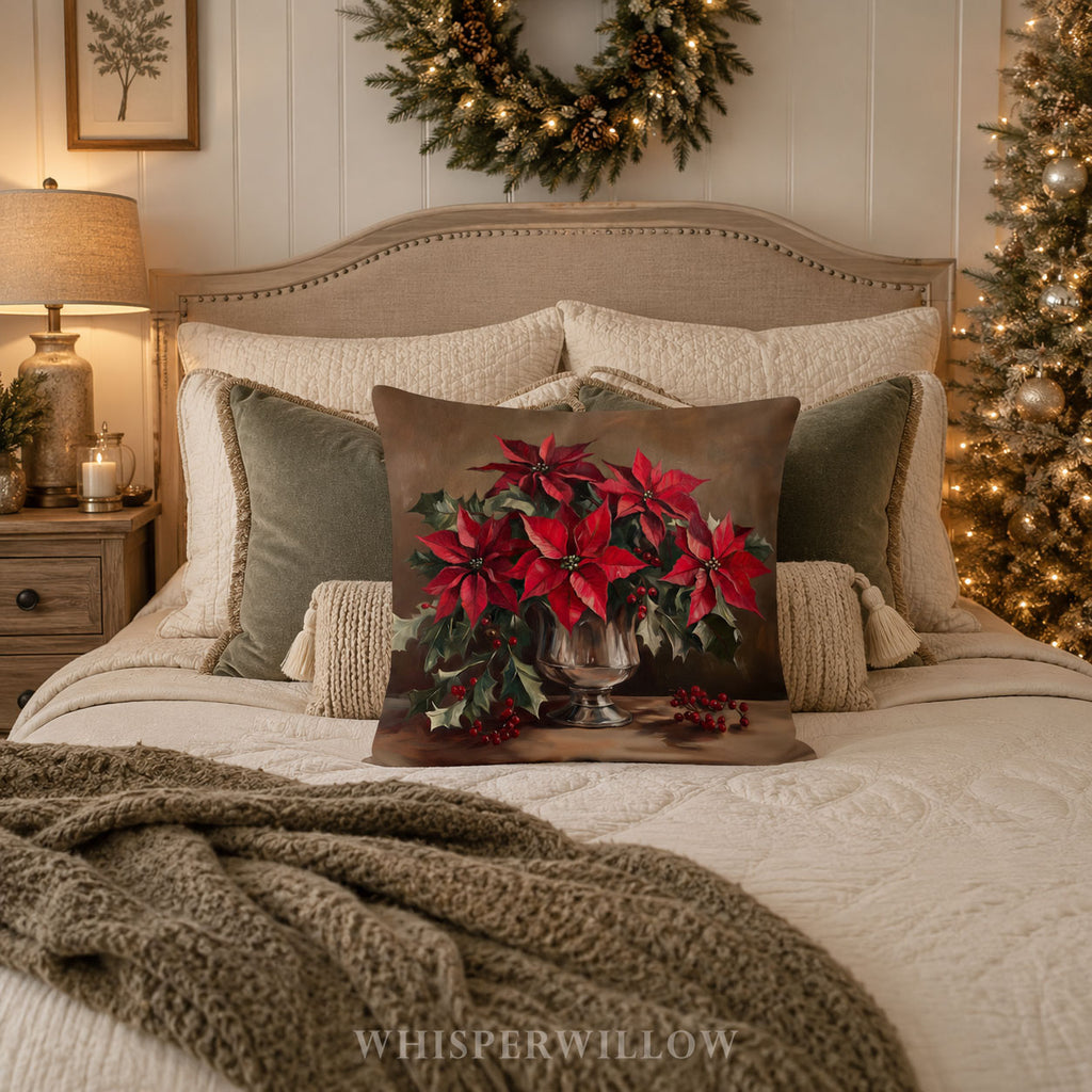 Coussin décoratif de Noël à motif poinsettia - Coussin rouge festif