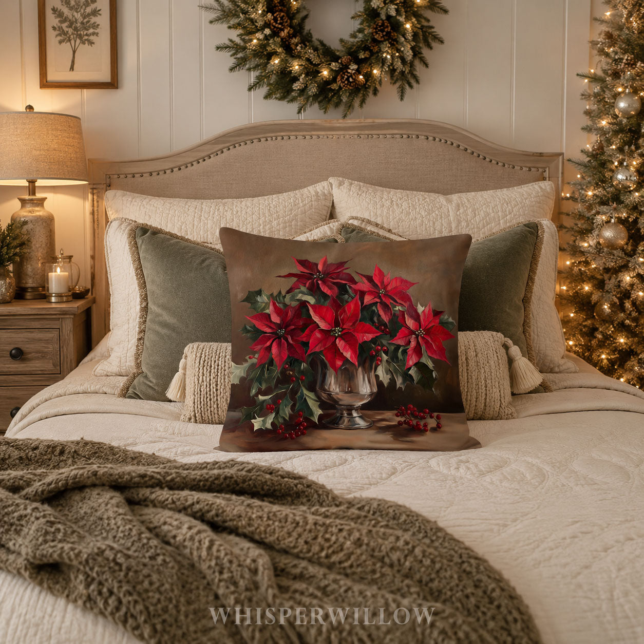 Coussin décoratif de Noël à motif poinsettia - Coussin rouge festif