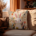 Whimsical Easter Bunny Throw Pillow, Floral Meadow Spring Pastel Design, Rabbit Eggs Farmhouse Decor, Nursery Gift for Kids and Adults Gift