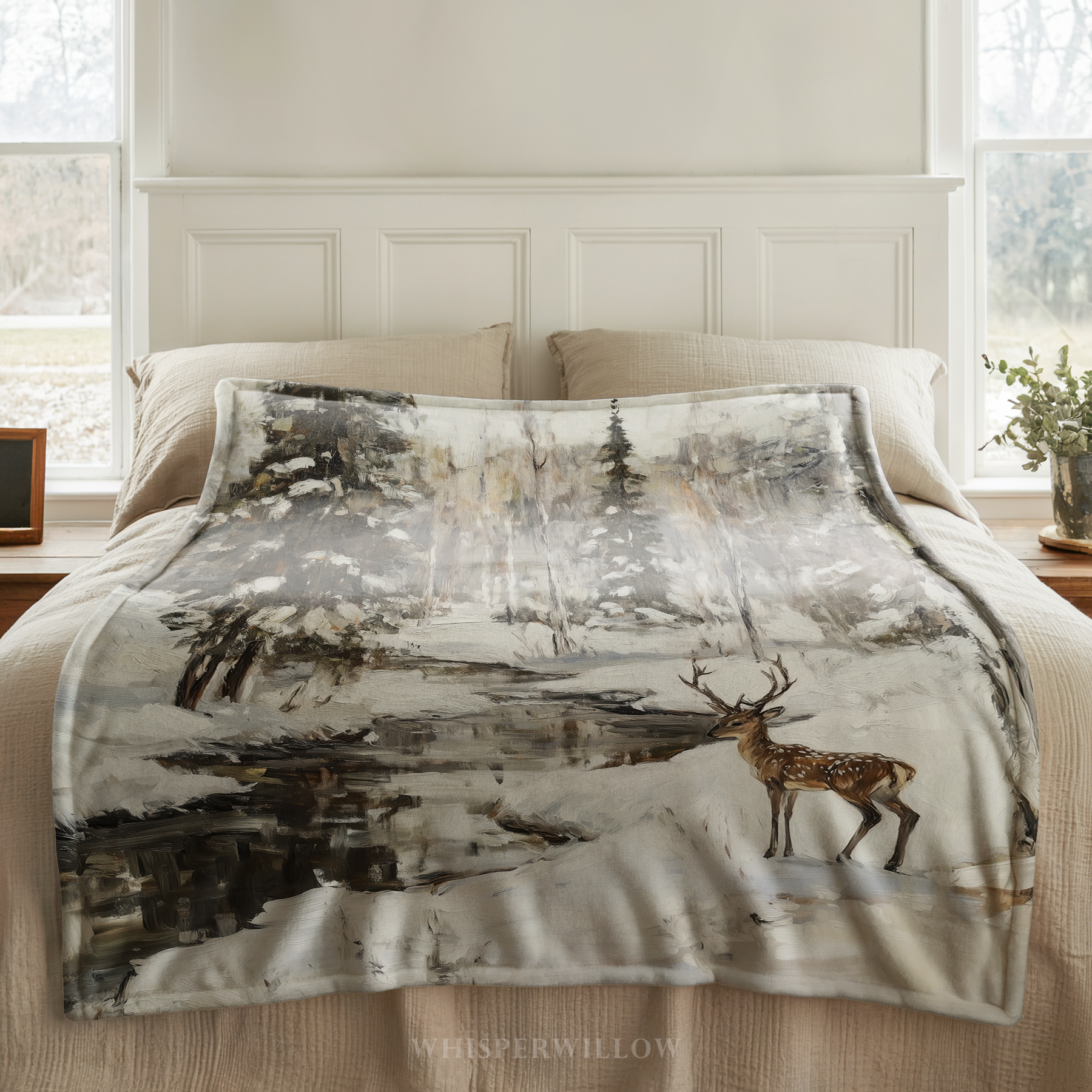 Winter Deer Forest Throw Blanket - Snowy Woodland Stream Gift