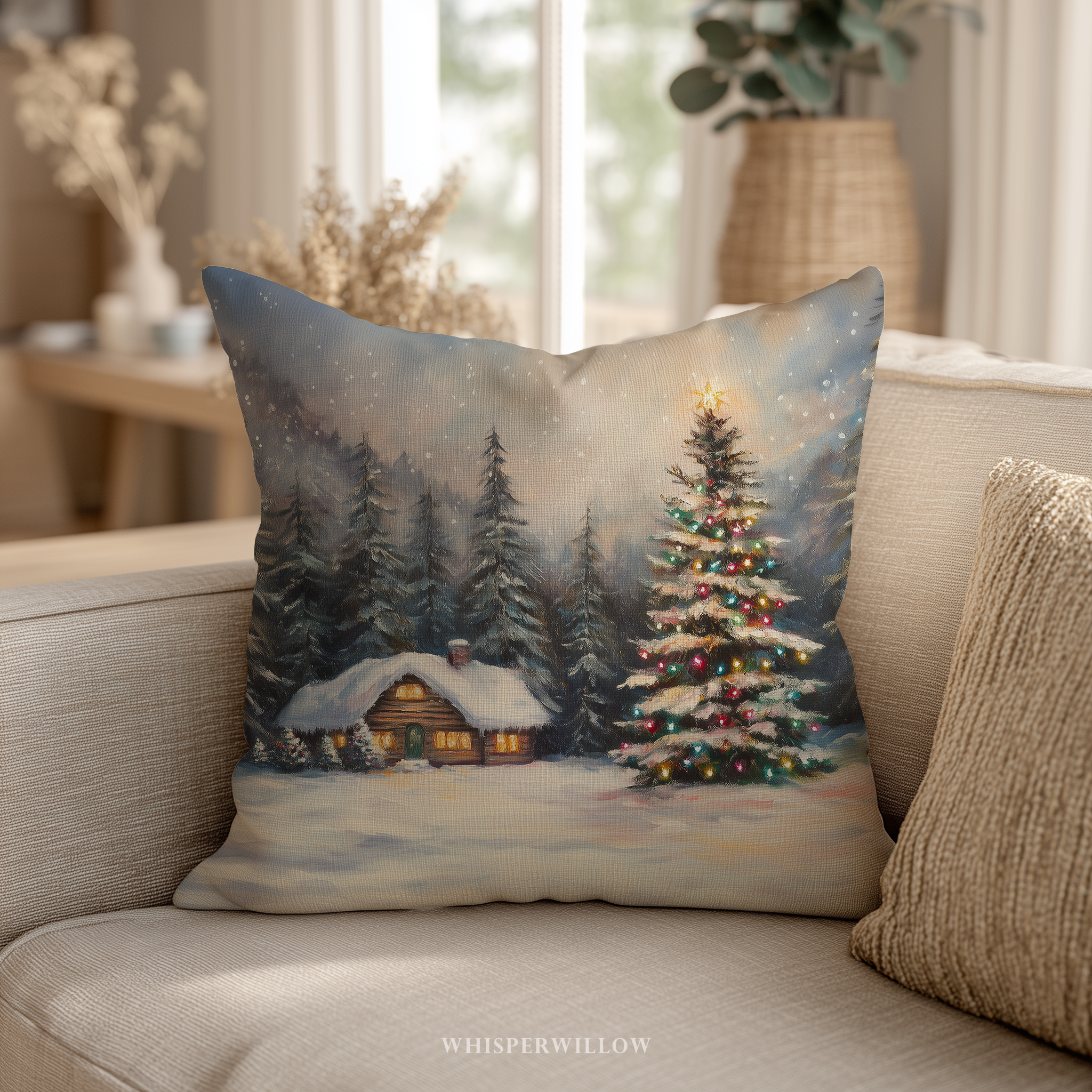 Gemütliches Hütten-Dekokissen – Weihnachtslichter-Winterwunderland-Kissen