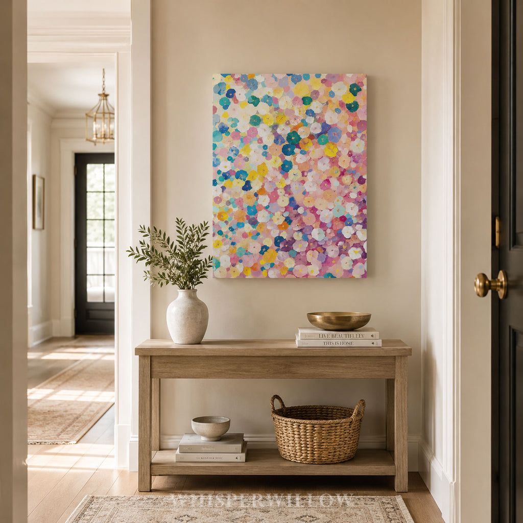 Farbenfrohes Blumenkonfetti-Leinwandbild – Abstrakte Pastellblüte, lebendige moderne botanische Kunst