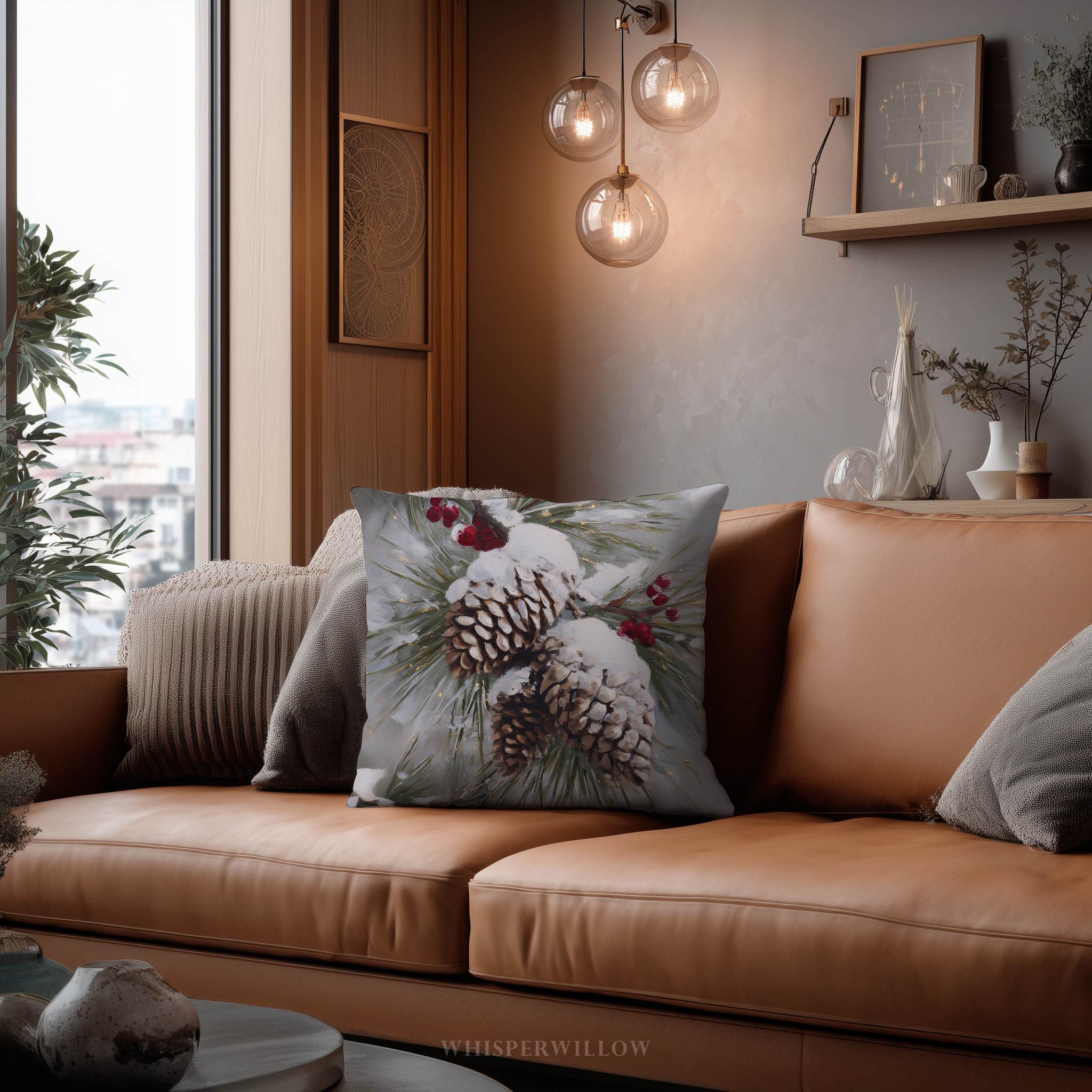 Winterliches Dekokissen mit verschneiten Tannenzapfen – Weihnachtskissen mit roten Beeren