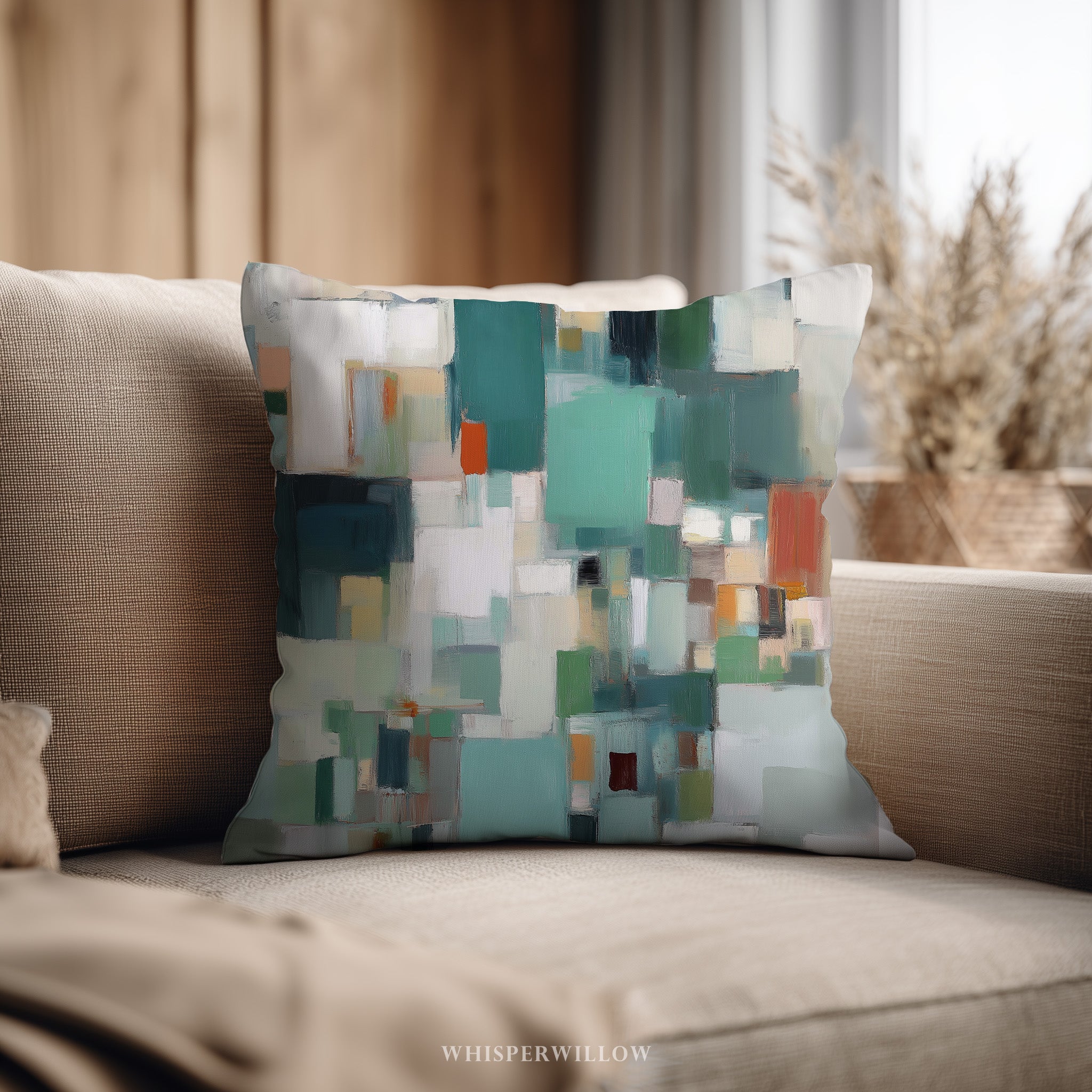 Abstract Geometric Throw Pillow | Color Block Teal Neutral Lumbar Cushion | Modern Minimalist Decor | Housewarming Gift