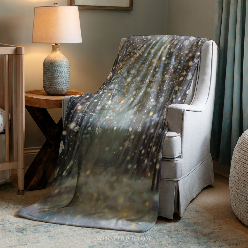 Winter Forest Snowflake Plush Throw Blanket | Glitter Look Woodland Holiday Cozy Shimmer Neutral Christmas Decor Gift