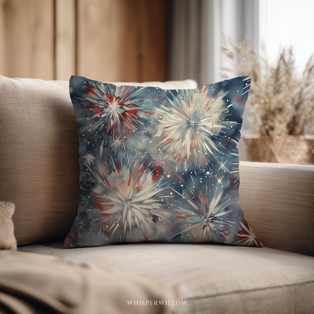 Abstract Fireworks Floral Throw Pillow and Case - Red White Blue Patriotic Home Decor