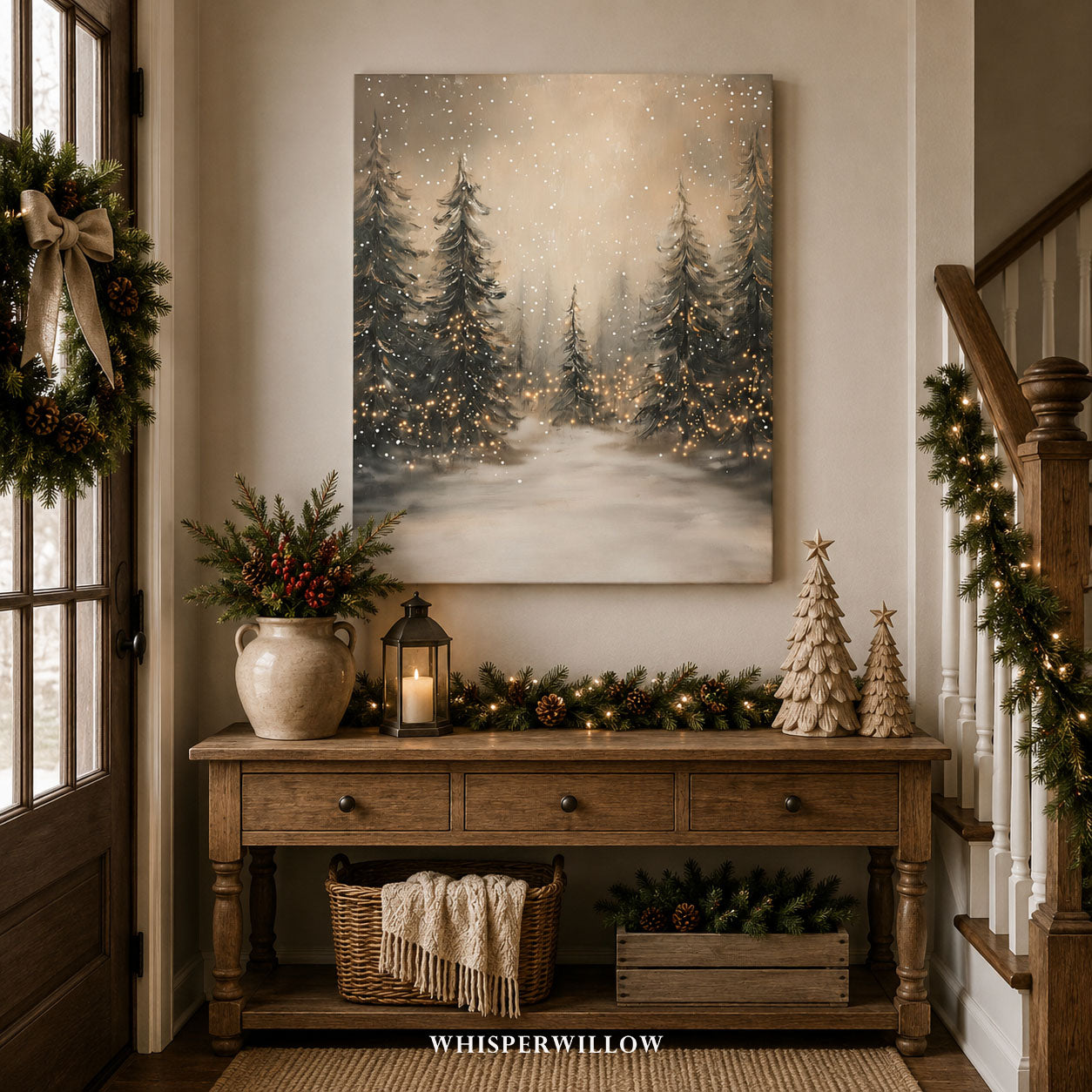 Canvas Wall Art Winter Forest with Twinkle Lights | Snowy Pine Woodland Scene | Rustic Christmas Decor