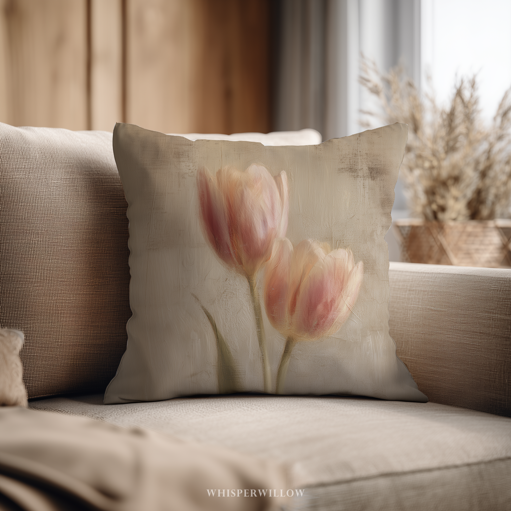 Muted Pink Tulips Throw Pillow | Vintage Floral Botanical Cushion | Farmhouse Bedroom Decor | Spring Flower Accent | Square & Lumbar