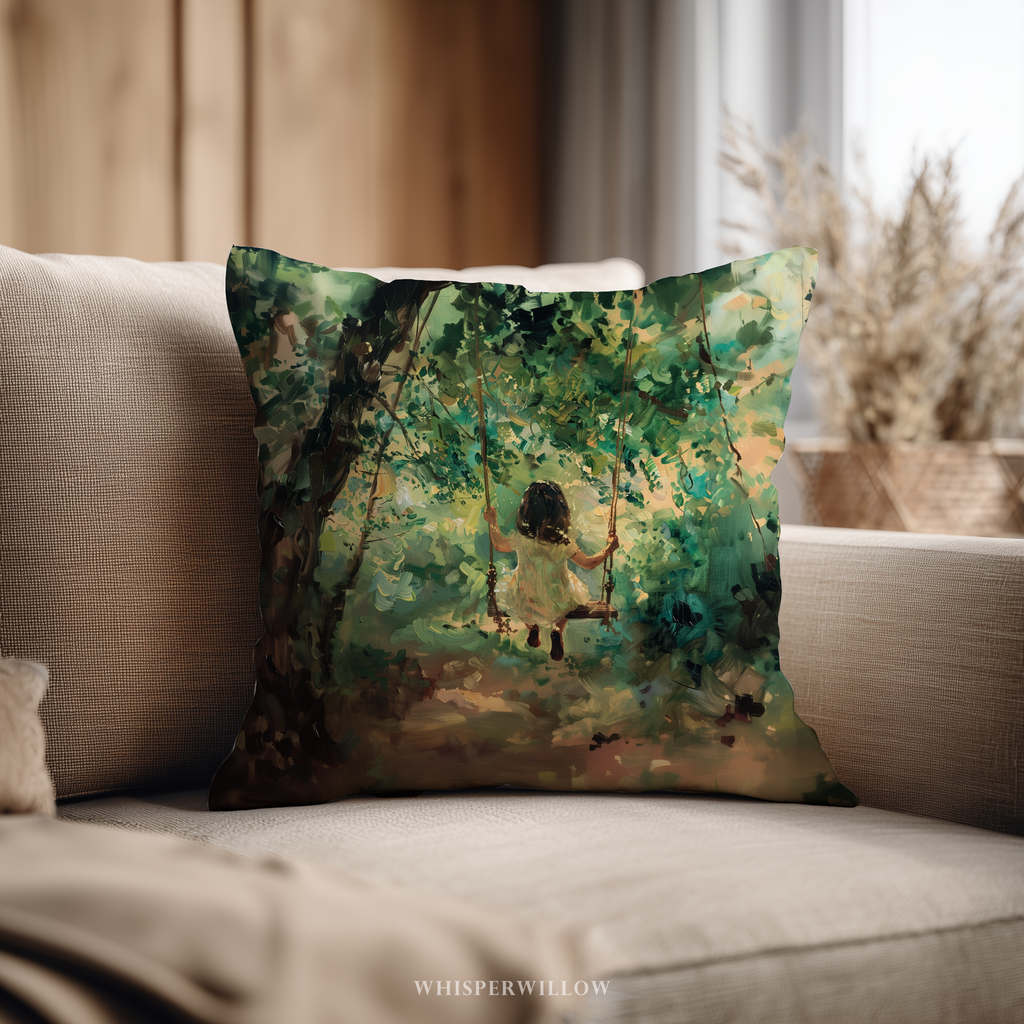Kissen „Kind auf Baumschaukel“ – Kissen „Verzauberter Vintage-Wald“
