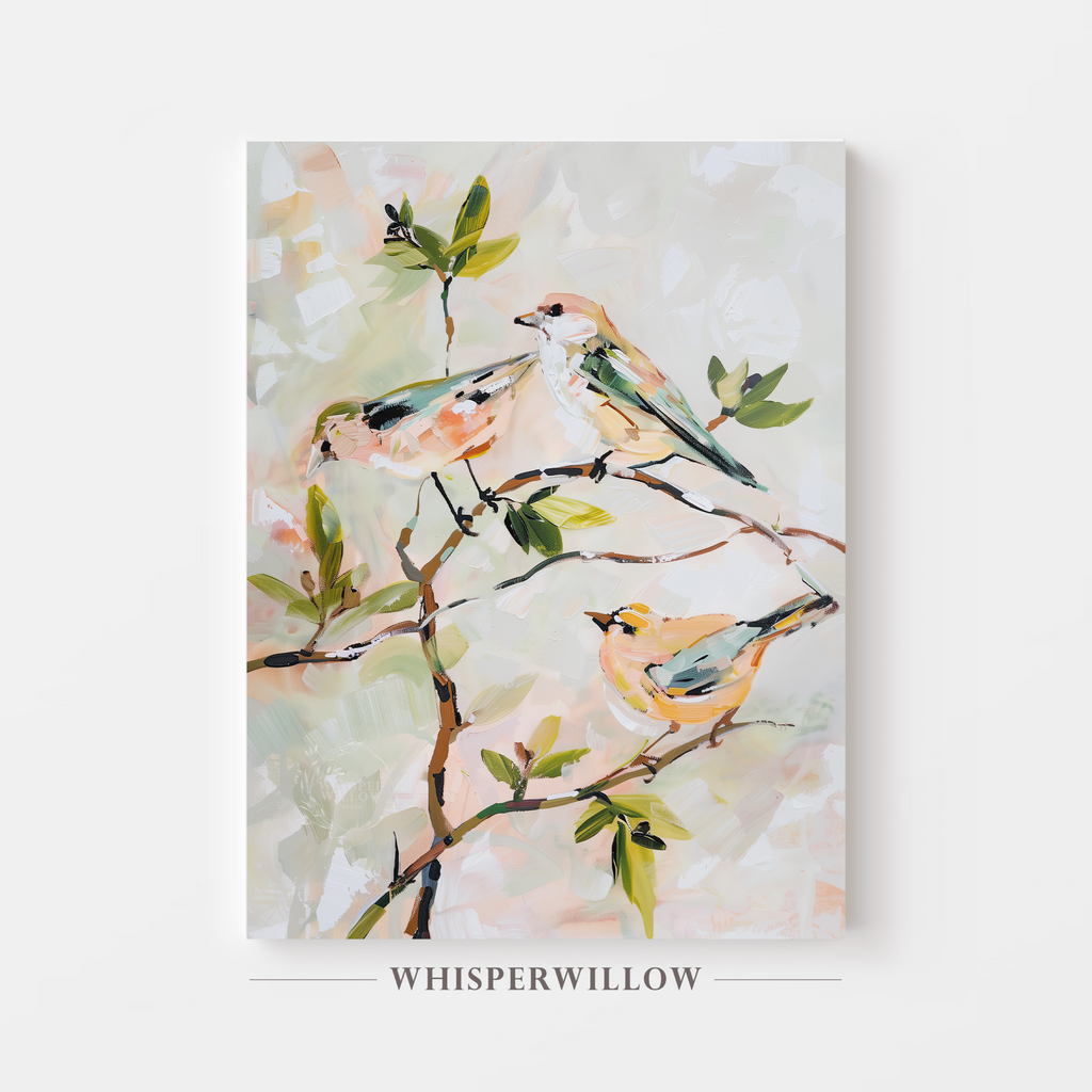 Pastel Songbirds Canvas Wall Art - Neutral Botanical Branch, Spring Cottage, Nature Animal Bird Decor WhisperWillow Studios Home Decor Gift