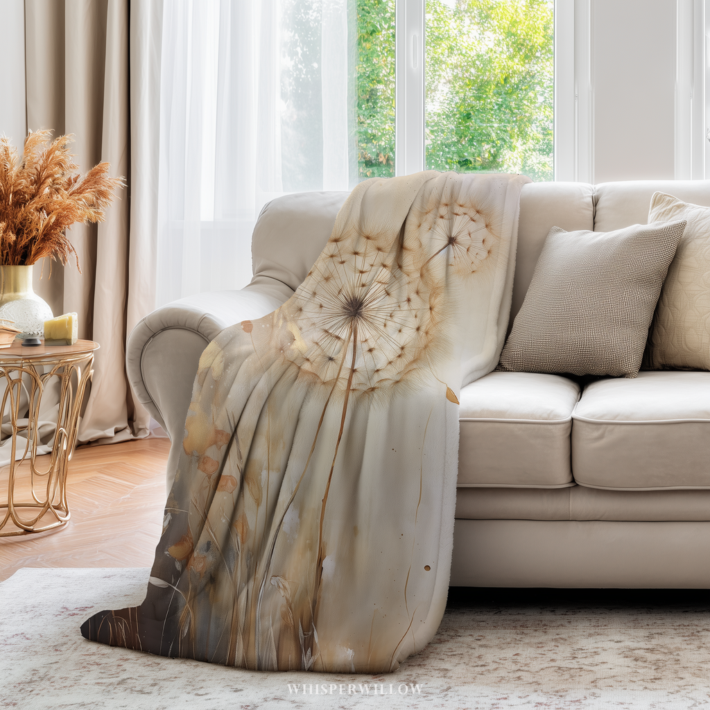 Dandelion Heart Throw Blanket - Neutral Botanical Watercolor Floral Gift