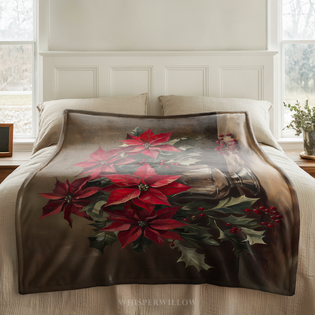 Christmas Poinsettia Throw Blanket - Red Floral Holly Gift