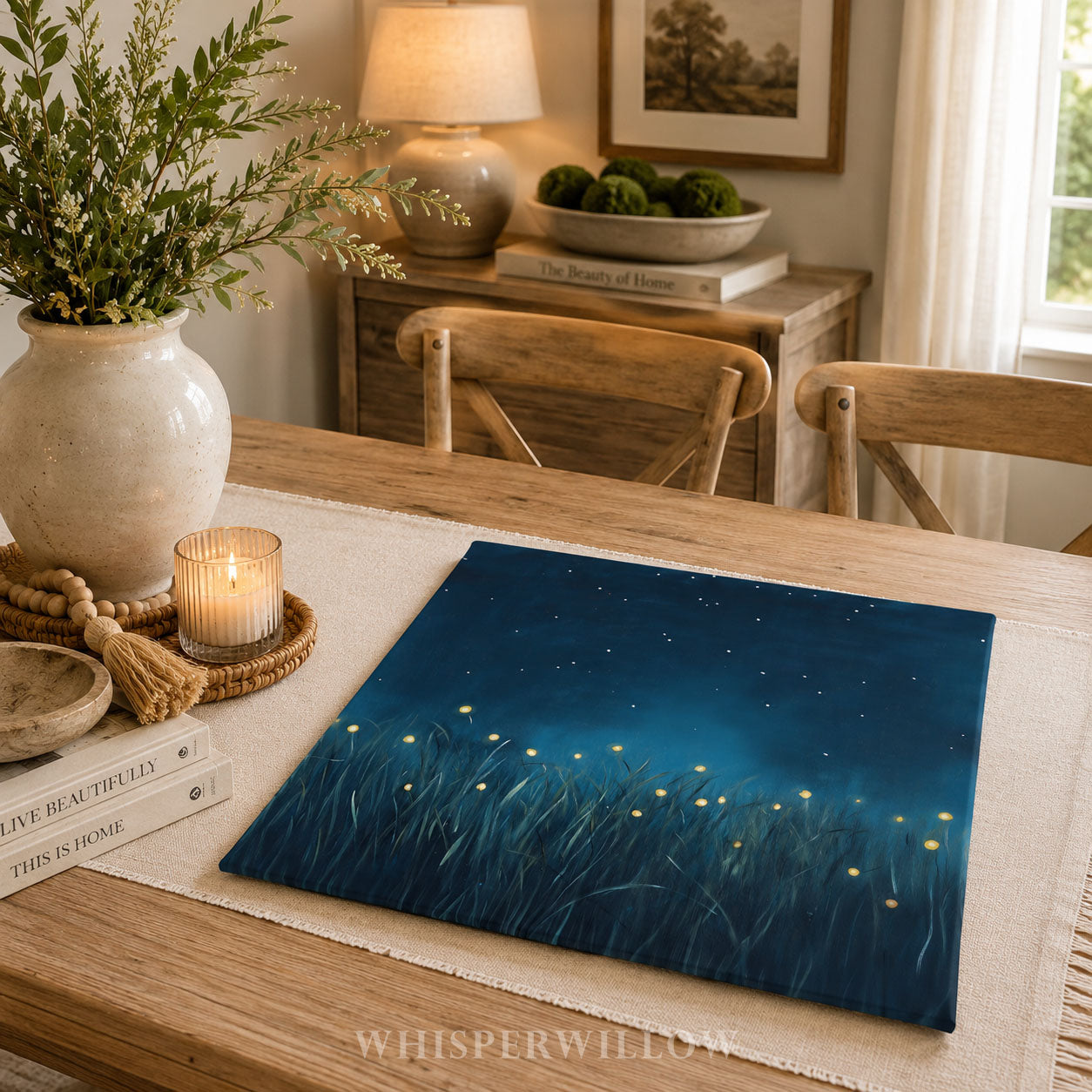 Firefly Meadow Throw Pillow Starry Night Sky Celestial Nature Decor Cottagecore Accent Cushion Glowing Lights Landscape Gift Cozy