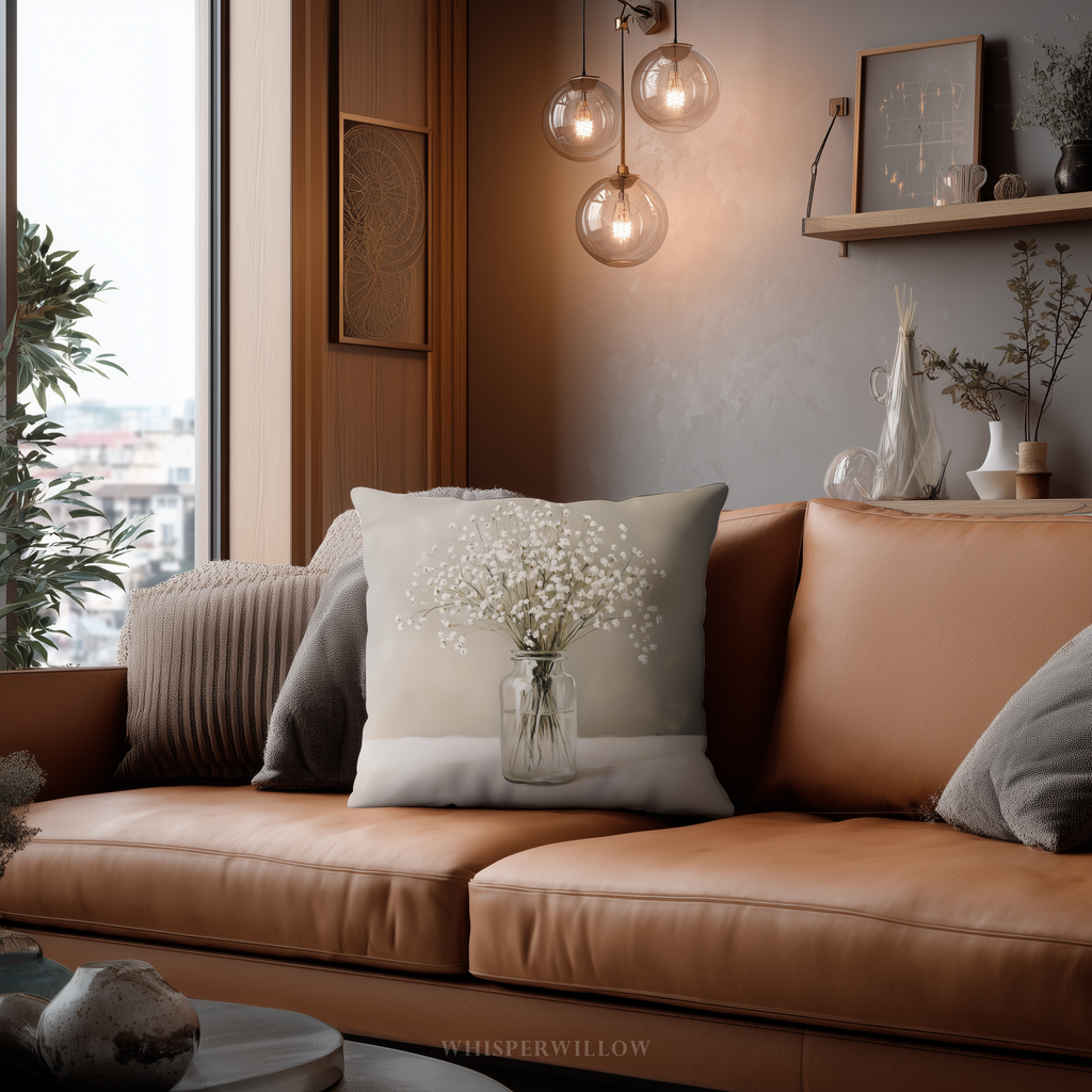 Dekokissen mit Schleierkraut-Motiv | Blumenstrauß in Vase | Kissen im minimalistischen Landhausstil (neutral)