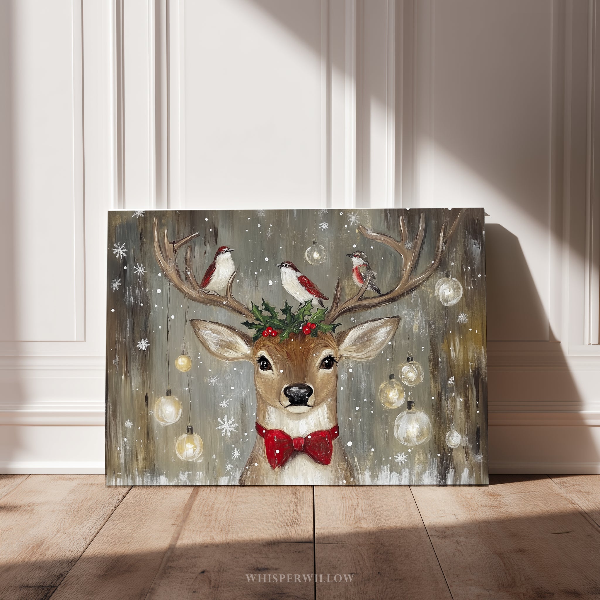 Weihnachts-Wandbild mit Rentieren und Vögeln – Rustikale rote Schleife, Stechpalme, Waldweihnachtsdeko